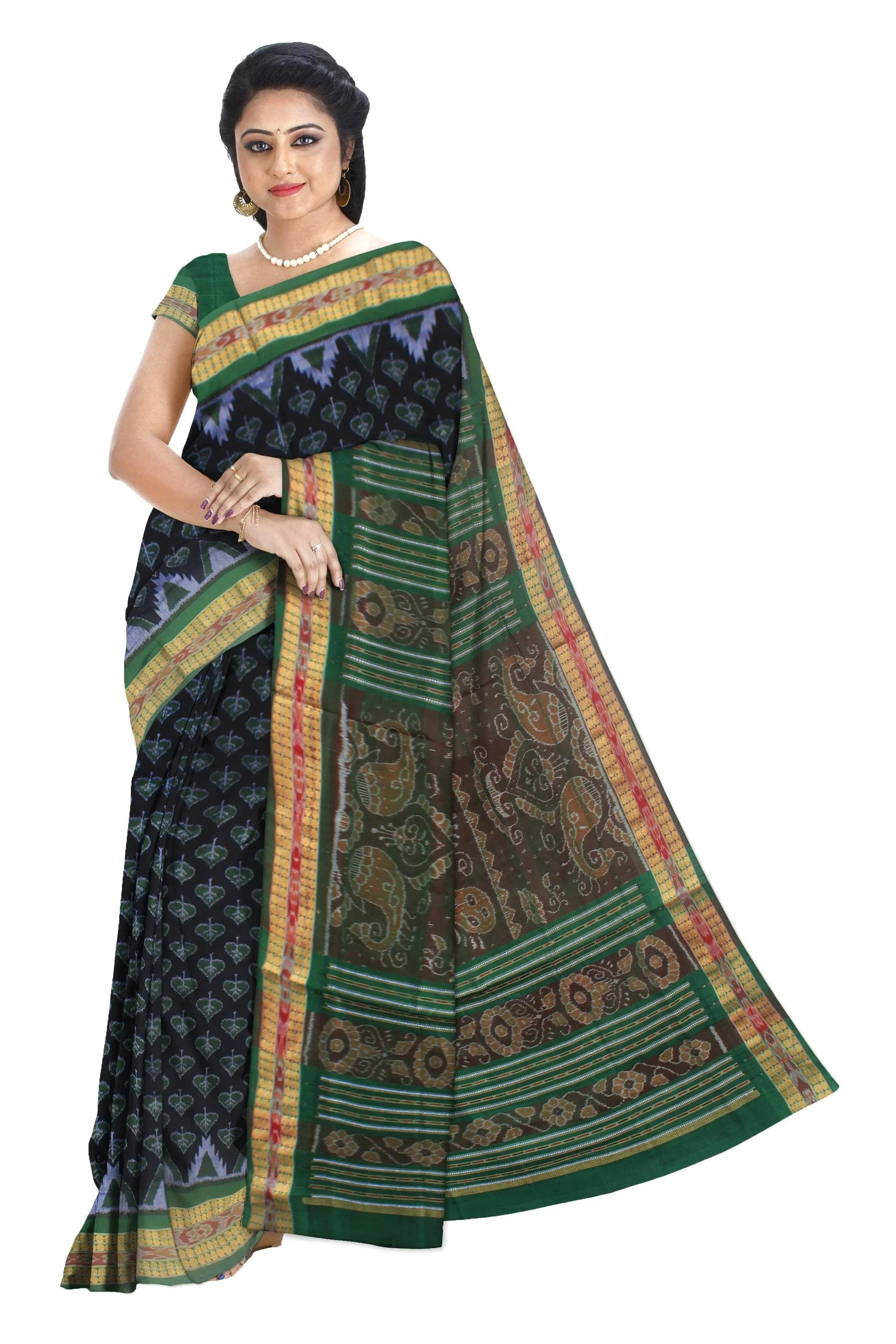 Latest design of sambalpuri pure cotton kumbha saree in Black and green color , with blouse piece. - Koshali Arts & Crafts Enterprise