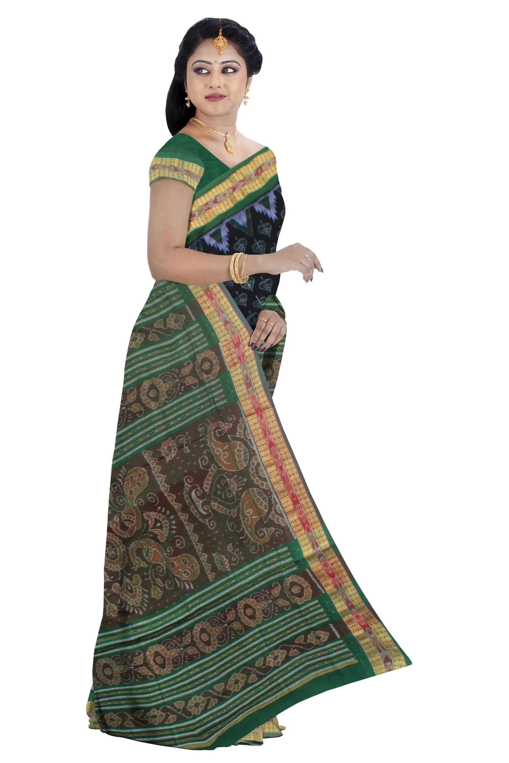 Latest design of sambalpuri pure cotton kumbha saree in Black and green color , with blouse piece. - Koshali Arts & Crafts Enterprise