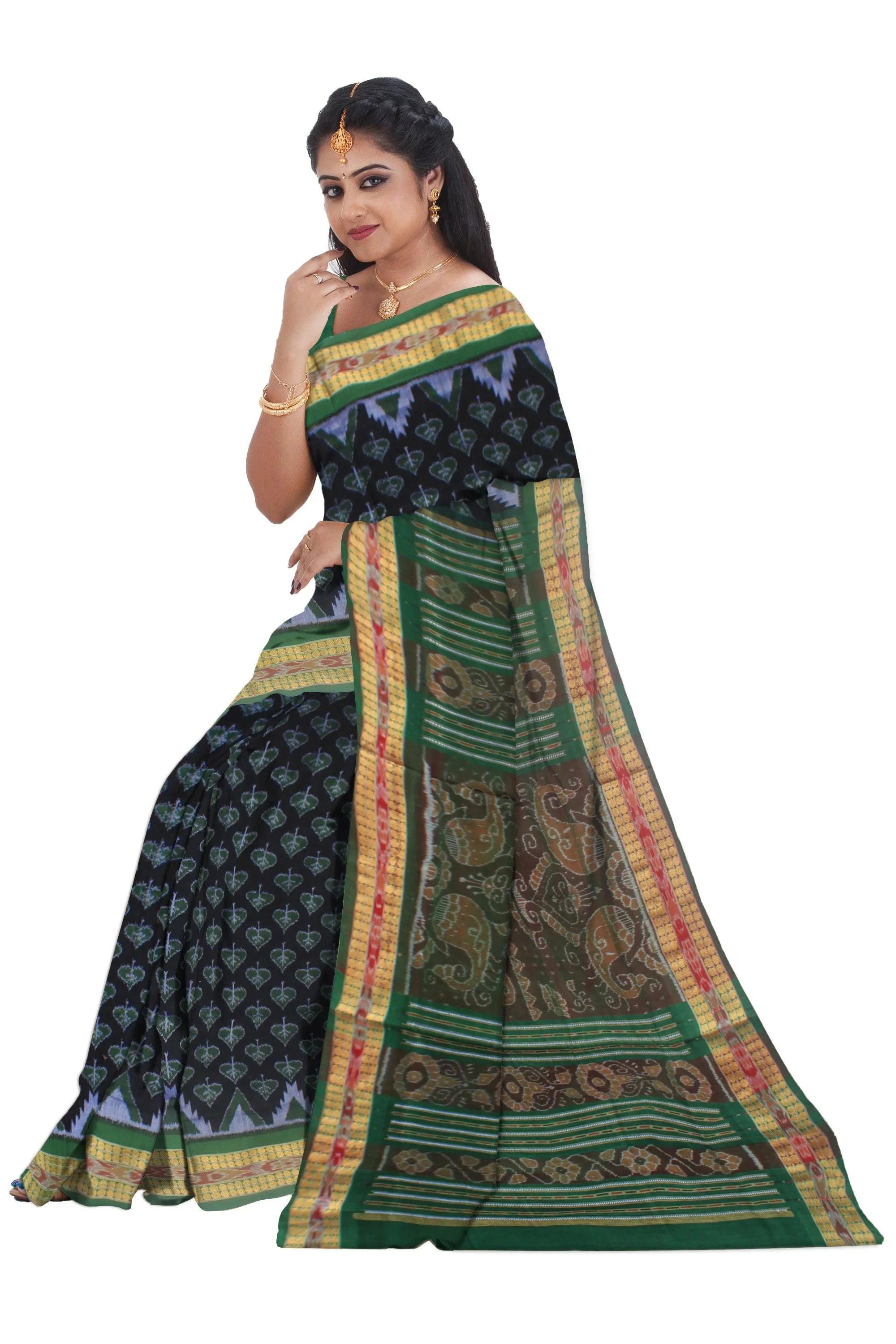 Latest design of sambalpuri pure cotton kumbha saree in Black and green color , with blouse piece. - Koshali Arts & Crafts Enterprise