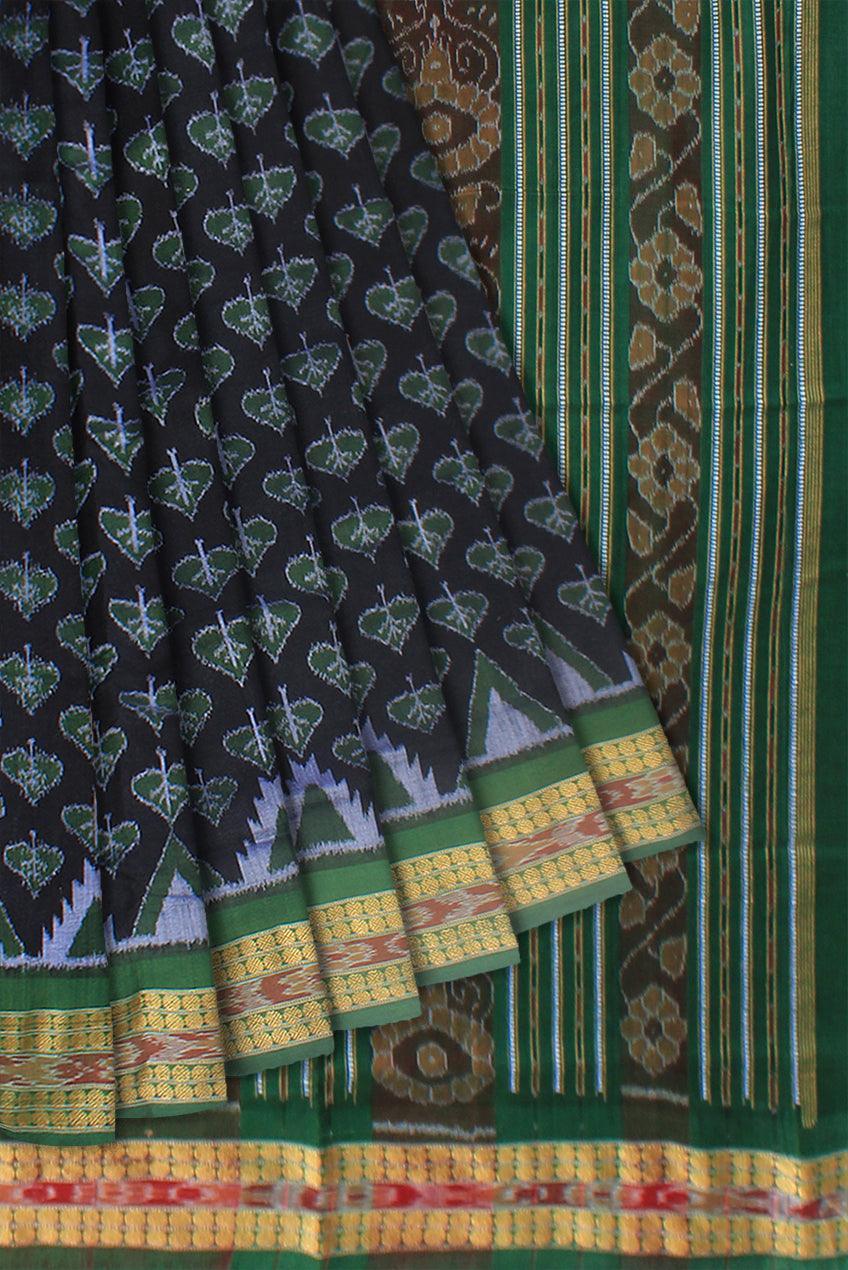 Latest design of sambalpuri pure cotton kumbha saree in Black and green color , with blouse piece. - Koshali Arts & Crafts Enterprise