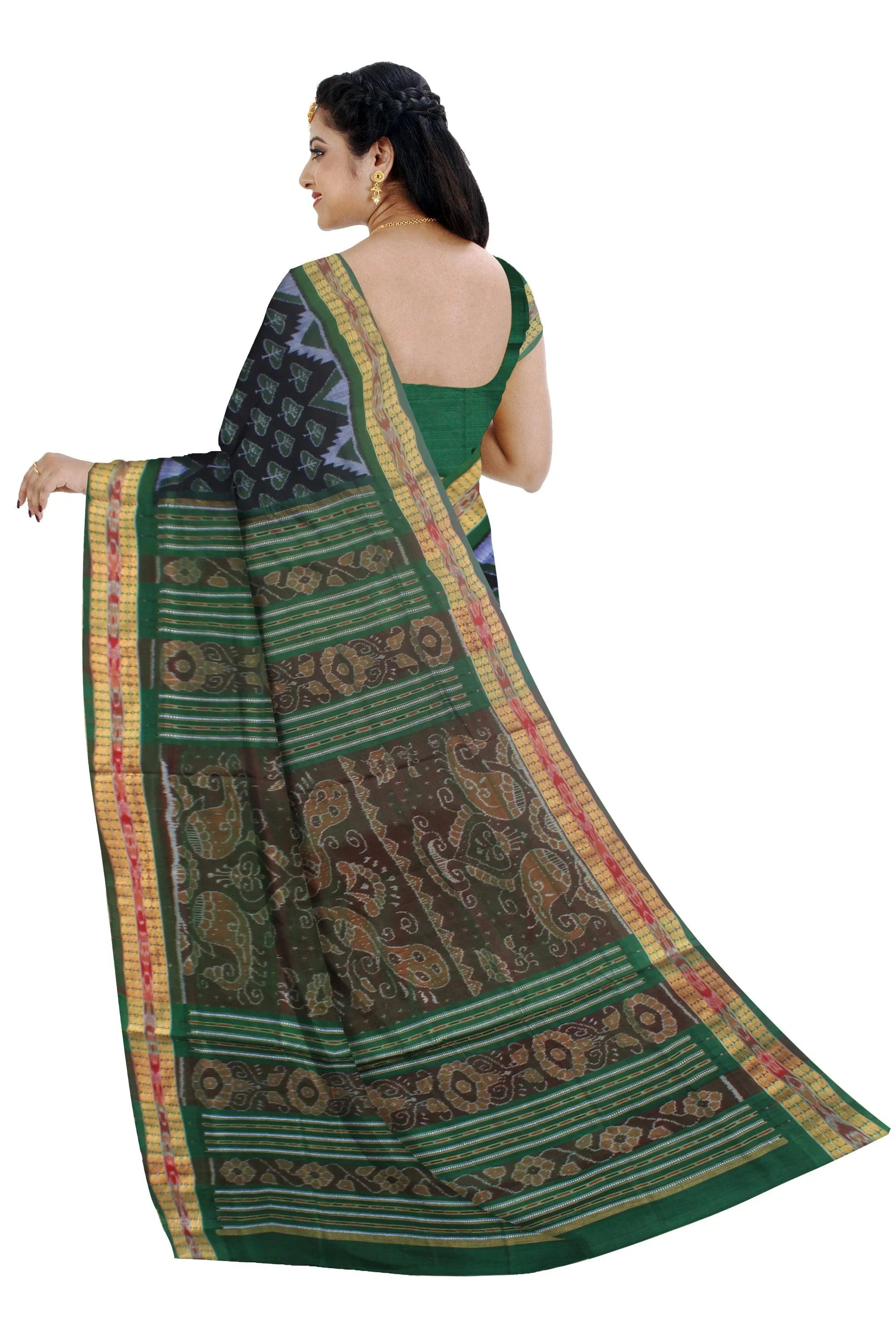 Latest design of sambalpuri pure cotton kumbha saree in Black and green color , with blouse piece. - Koshali Arts & Crafts Enterprise