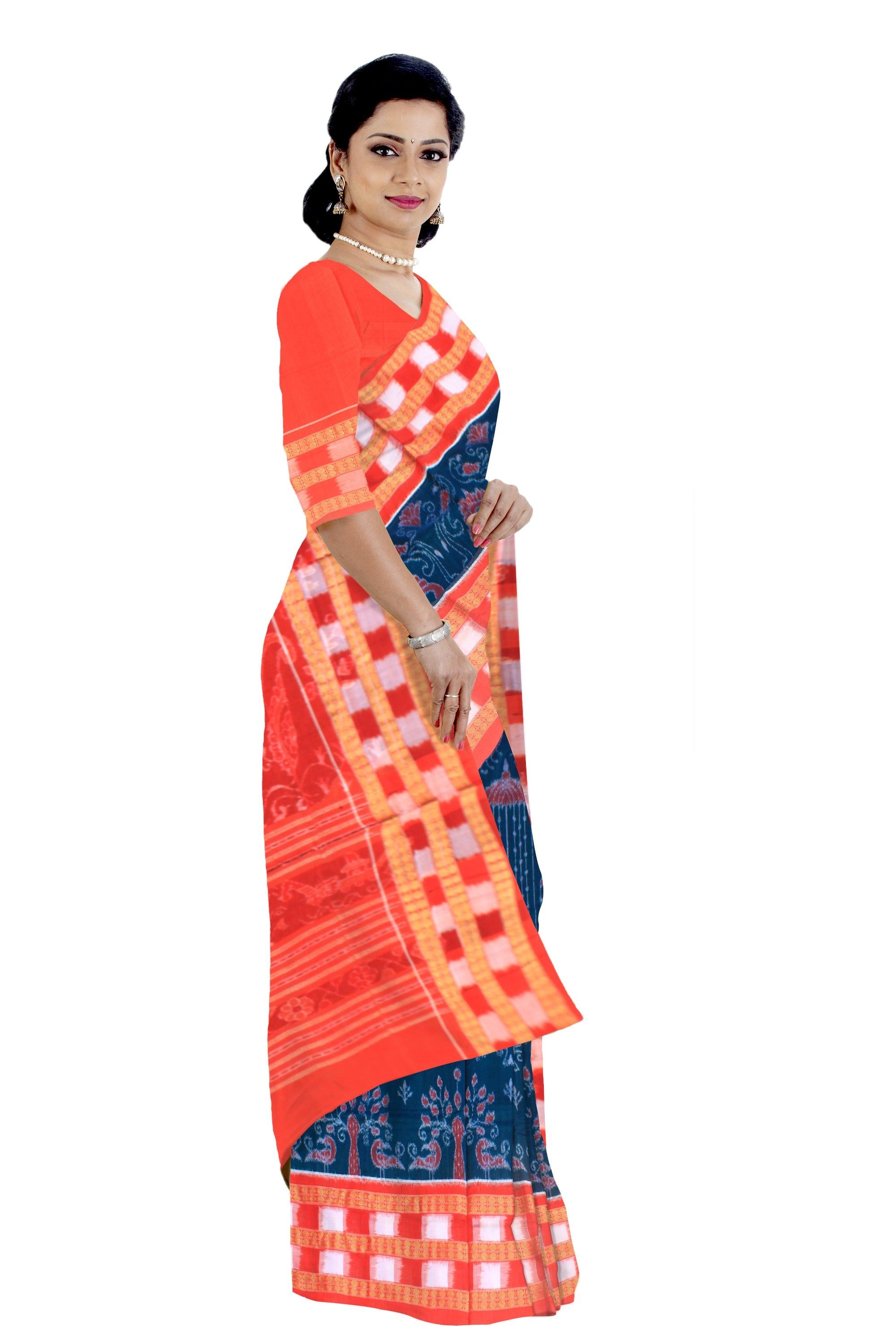 SAMBALPURI FLORA DESIGN PURE COTTON SAREE IN ULTRAMARINE AND ORANGE COLOUR WITH PASAPALI BORDER, WITH BLOUSE PIECE. - Koshali Arts & Crafts Enterprise