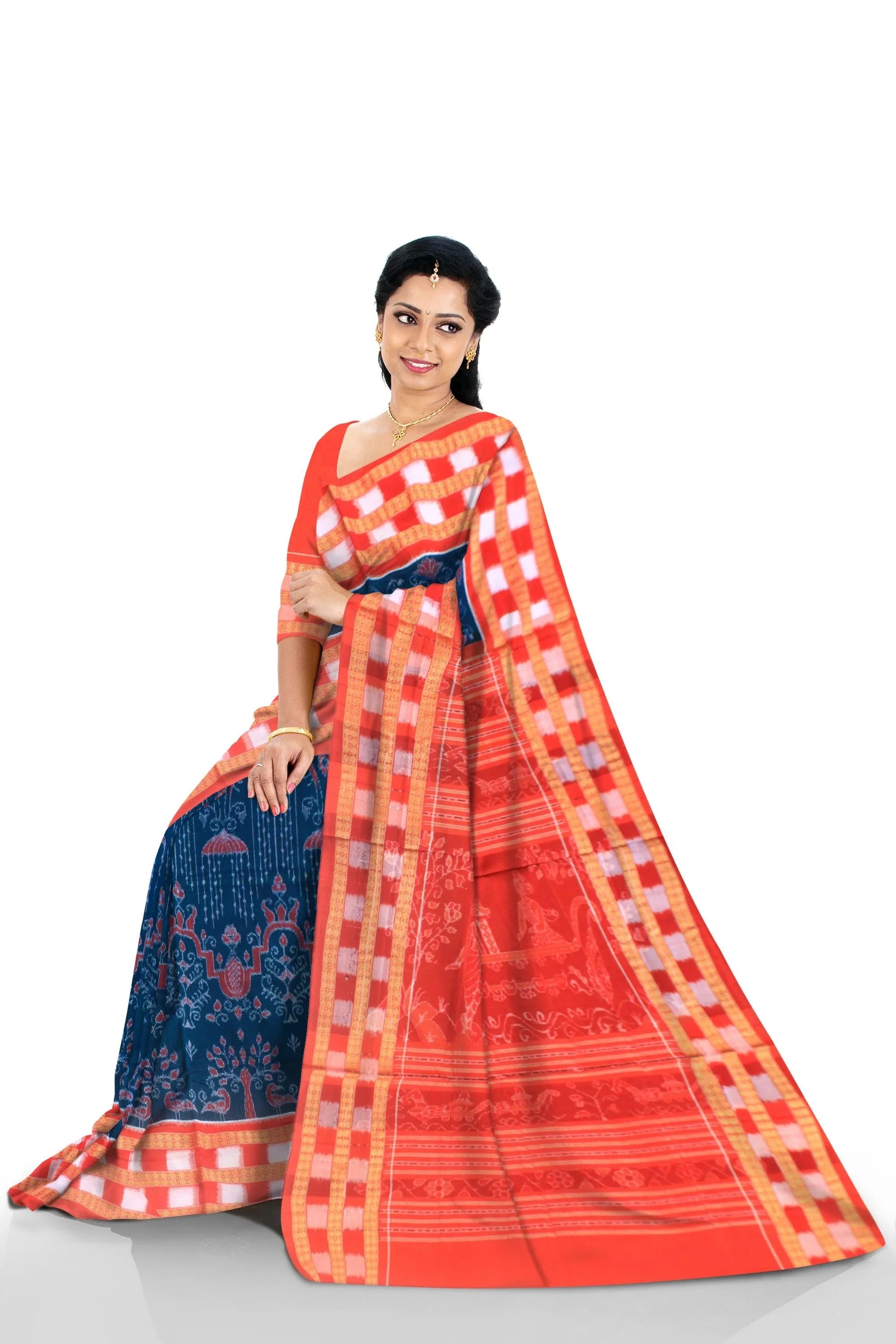 SAMBALPURI FLORA DESIGN PURE COTTON SAREE IN ULTRAMARINE AND ORANGE COLOUR WITH PASAPALI BORDER, WITH BLOUSE PIECE. - Koshali Arts & Crafts Enterprise