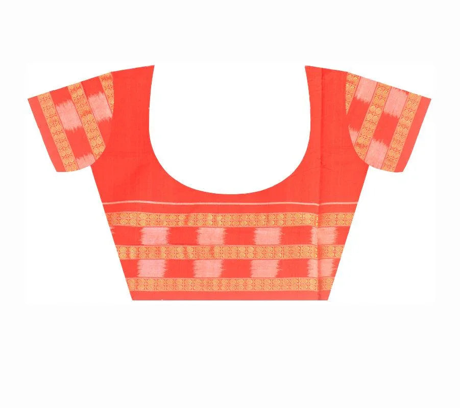 SAMBALPURI FLORA DESIGN PURE COTTON SAREE IN ULTRAMARINE AND ORANGE COLOUR WITH PASAPALI BORDER, WITH BLOUSE PIECE. - Koshali Arts & Crafts Enterprise