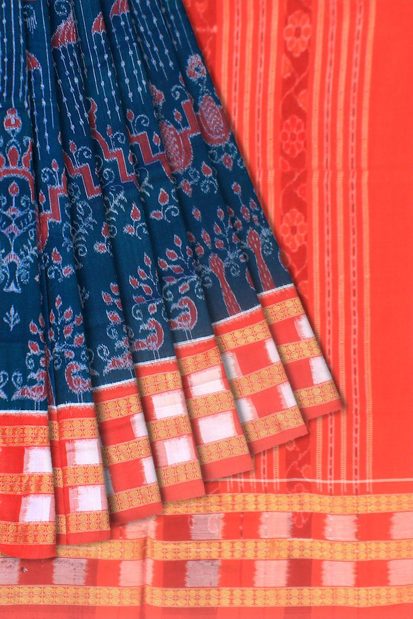 SAMBALPURI FLORA DESIGN PURE COTTON SAREE IN ULTRAMARINE AND ORANGE COLOUR WITH PASAPALI BORDER, WITH BLOUSE PIECE. - Koshali Arts & Crafts Enterprise