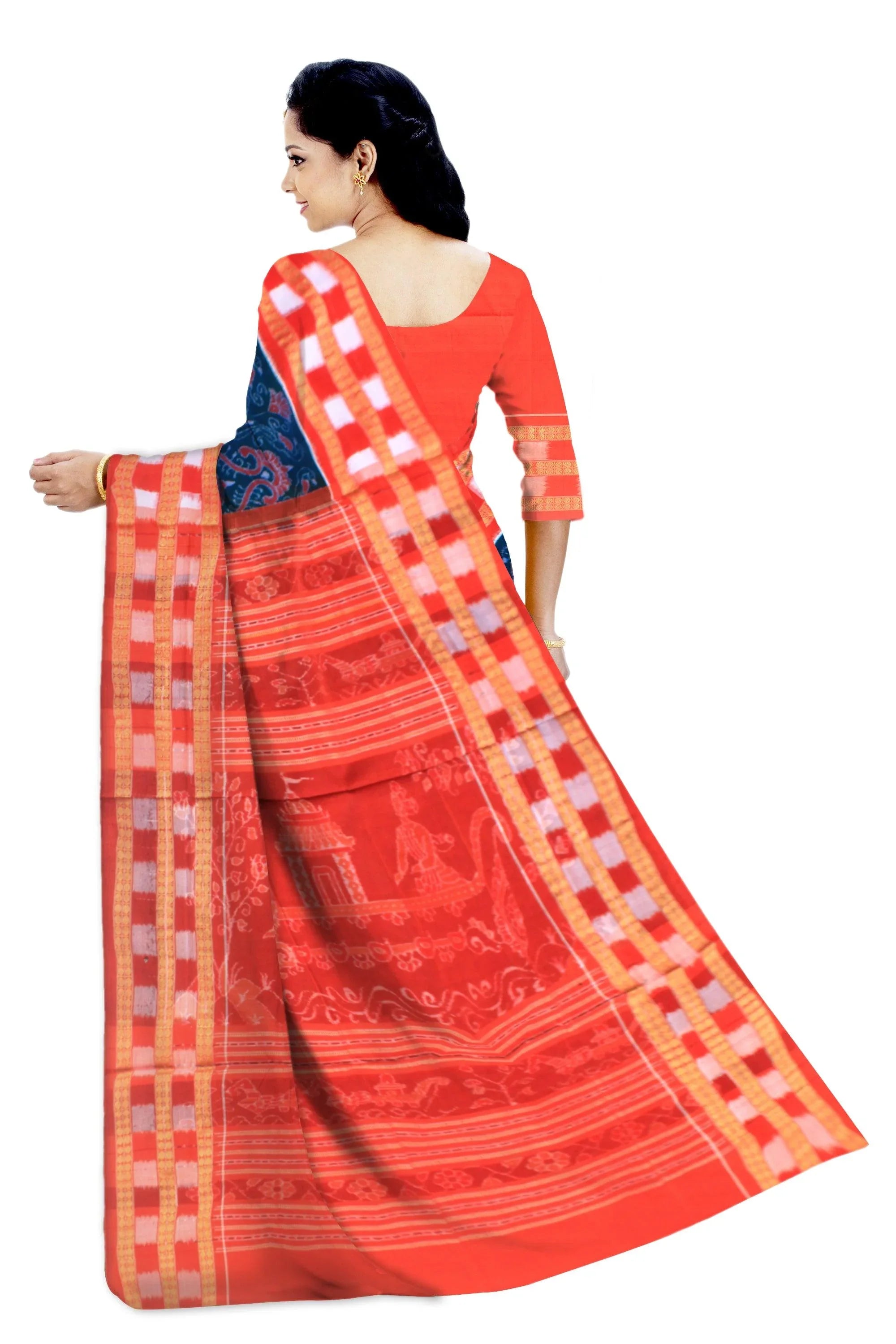 SAMBALPURI FLORA DESIGN PURE COTTON SAREE IN ULTRAMARINE AND ORANGE COLOUR WITH PASAPALI BORDER, WITH BLOUSE PIECE. - Koshali Arts & Crafts Enterprise