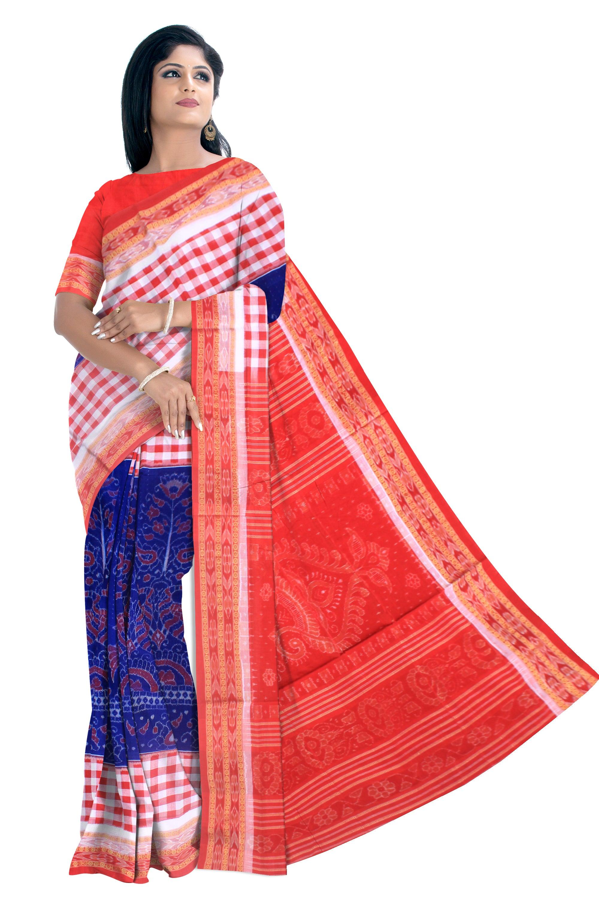 Mayuri design sambalpuri cotton saree in Blue ,Red and White color, with blouse piece. - Koshali Arts & Crafts Enterprise
