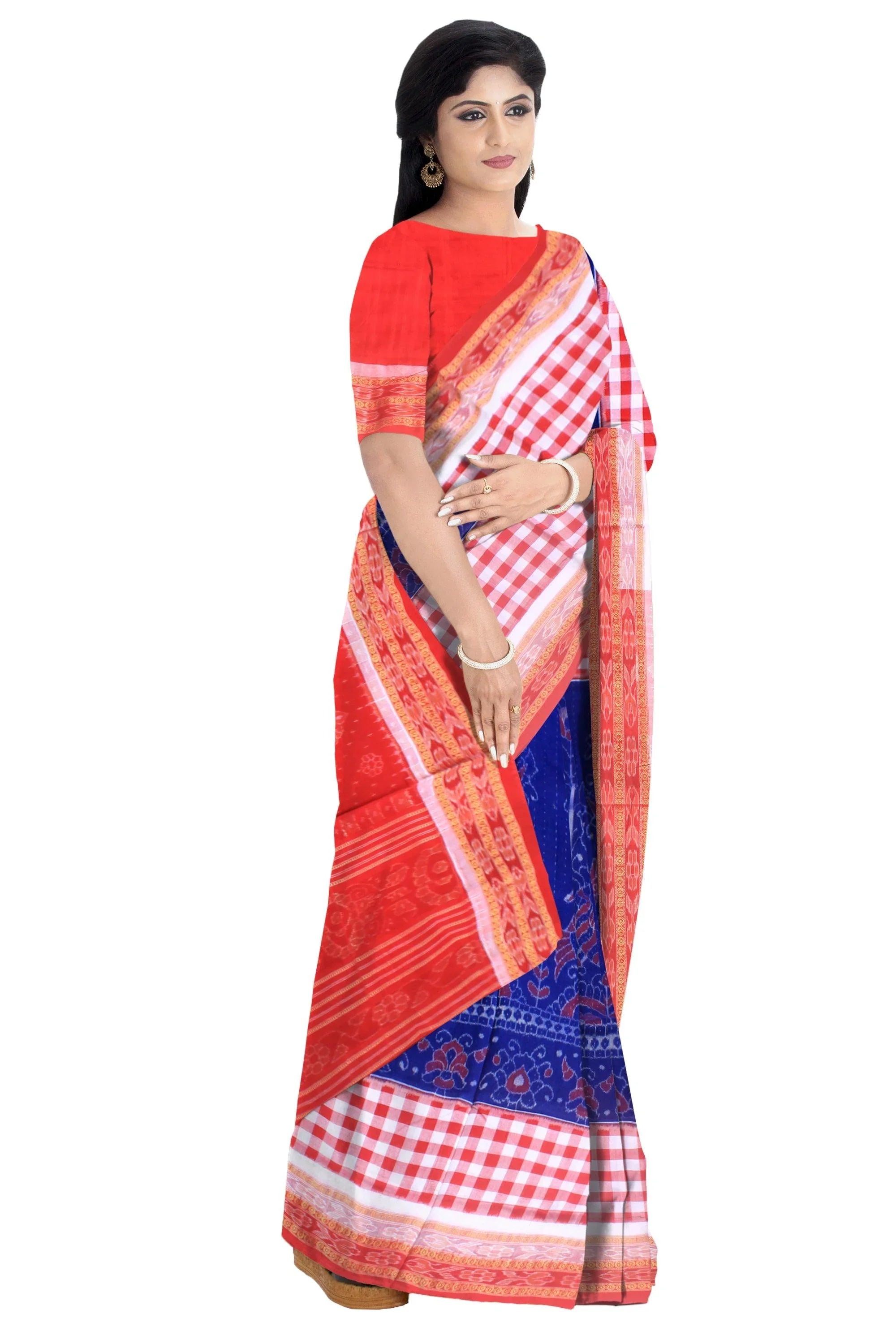 Mayuri design sambalpuri cotton saree in Blue ,Red and White color, with blouse piece. - Koshali Arts & Crafts Enterprise