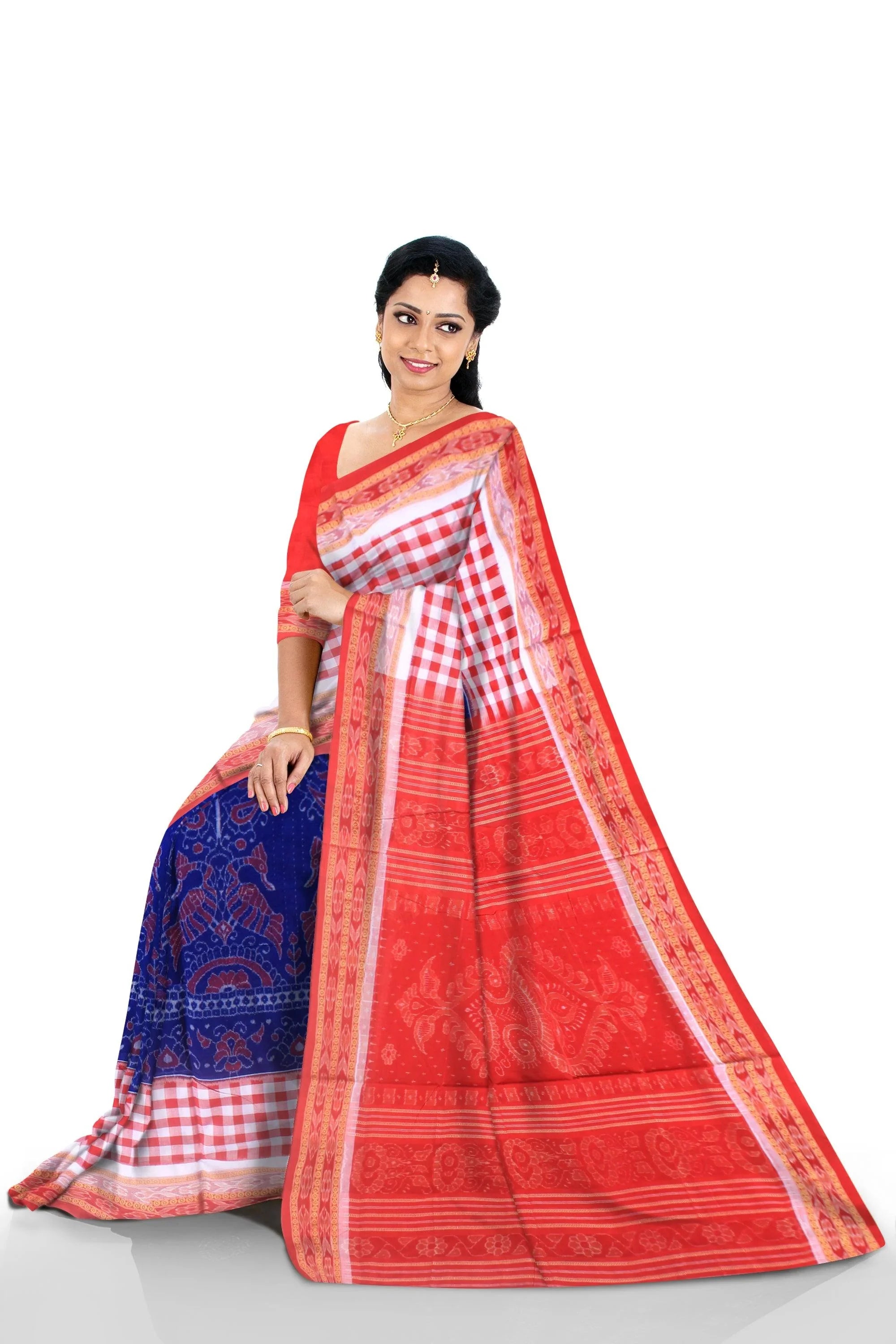 Mayuri design sambalpuri cotton saree in Blue ,Red and White color, with blouse piece. - Koshali Arts & Crafts Enterprise