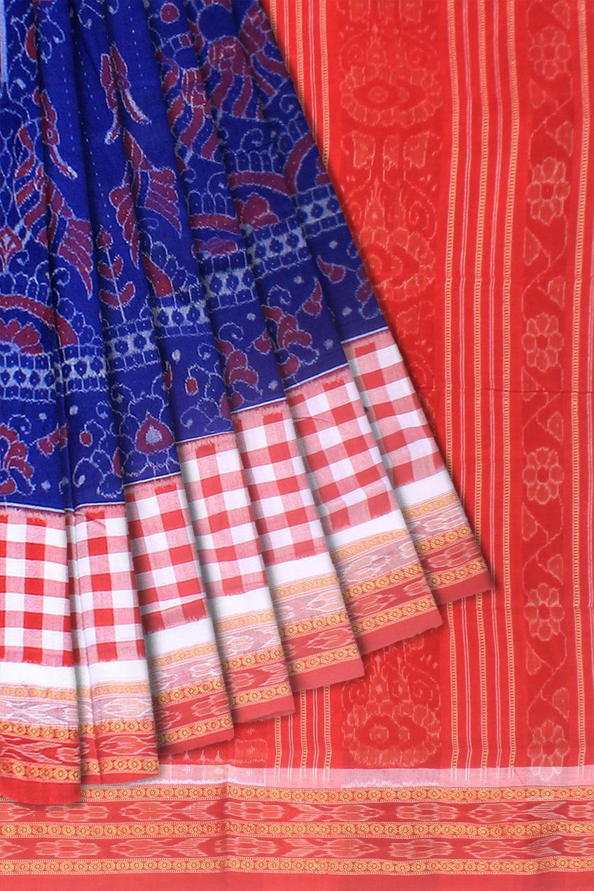 Mayuri design sambalpuri cotton saree in Blue ,Red and White color, with blouse piece. - Koshali Arts & Crafts Enterprise