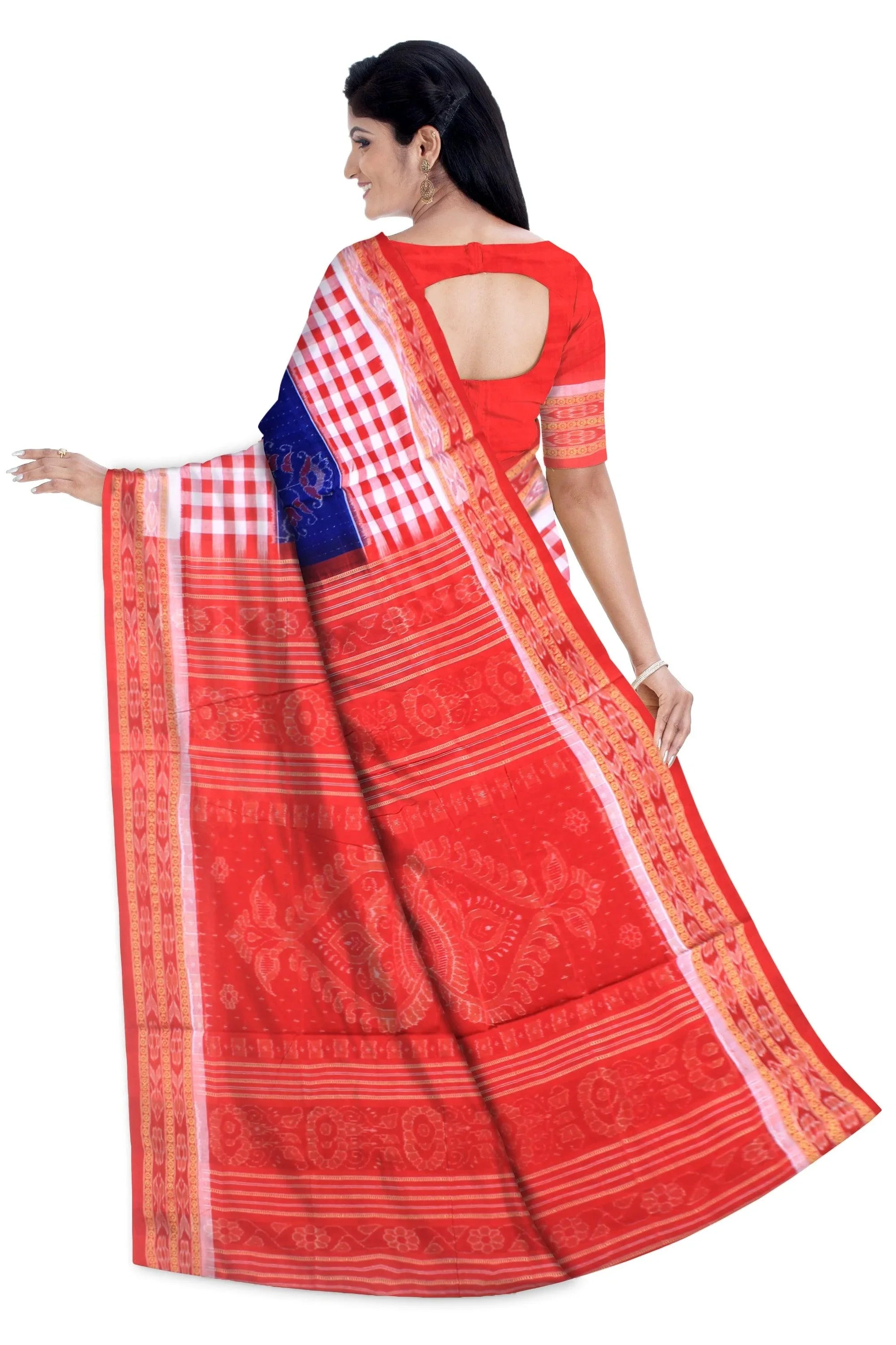 Mayuri design sambalpuri cotton saree in Blue ,Red and White color, with blouse piece. - Koshali Arts & Crafts Enterprise