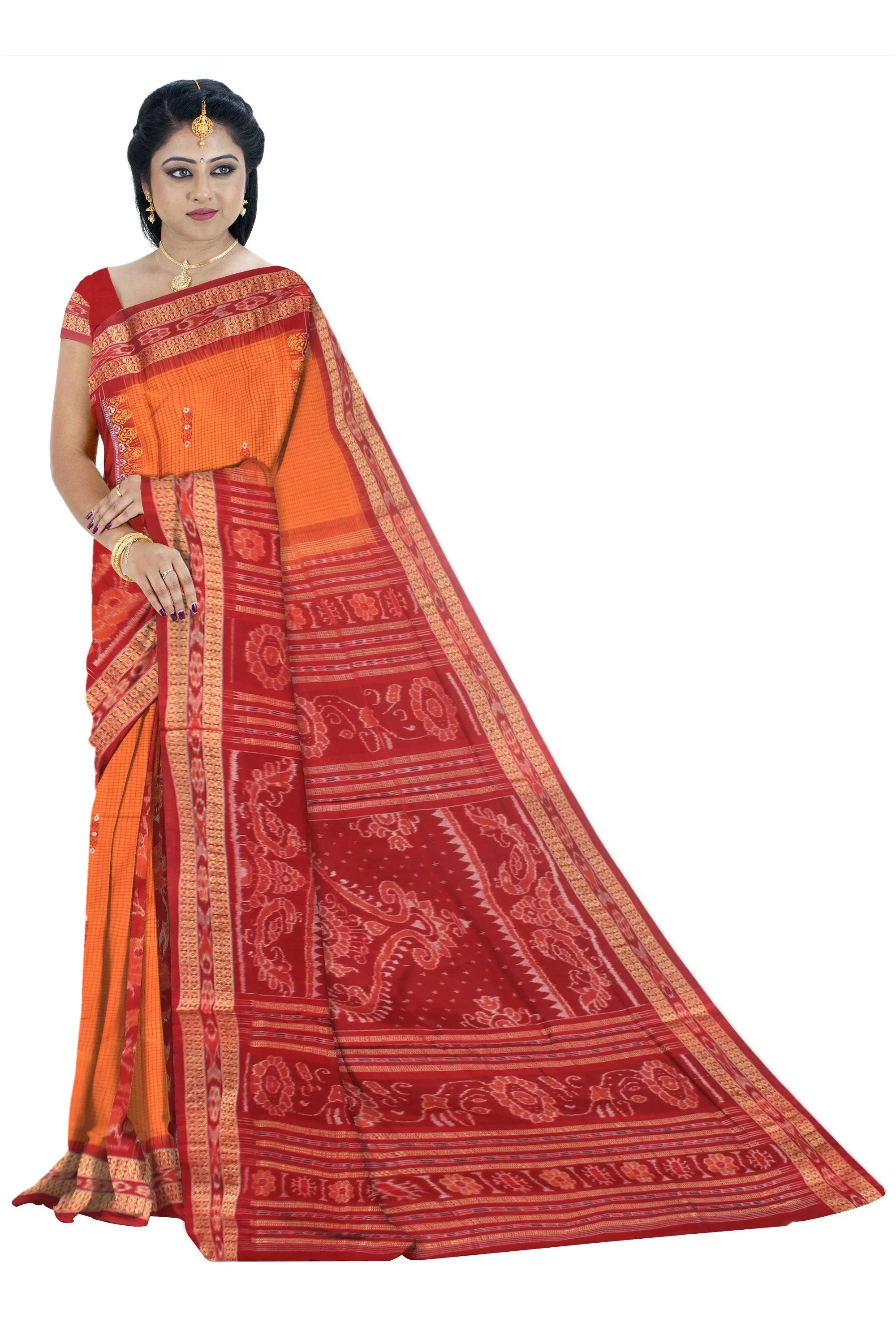 Yellow and maroon color base sambalpuri bandha design saree, with blouse piece. - Koshali Arts & Crafts Enterprise