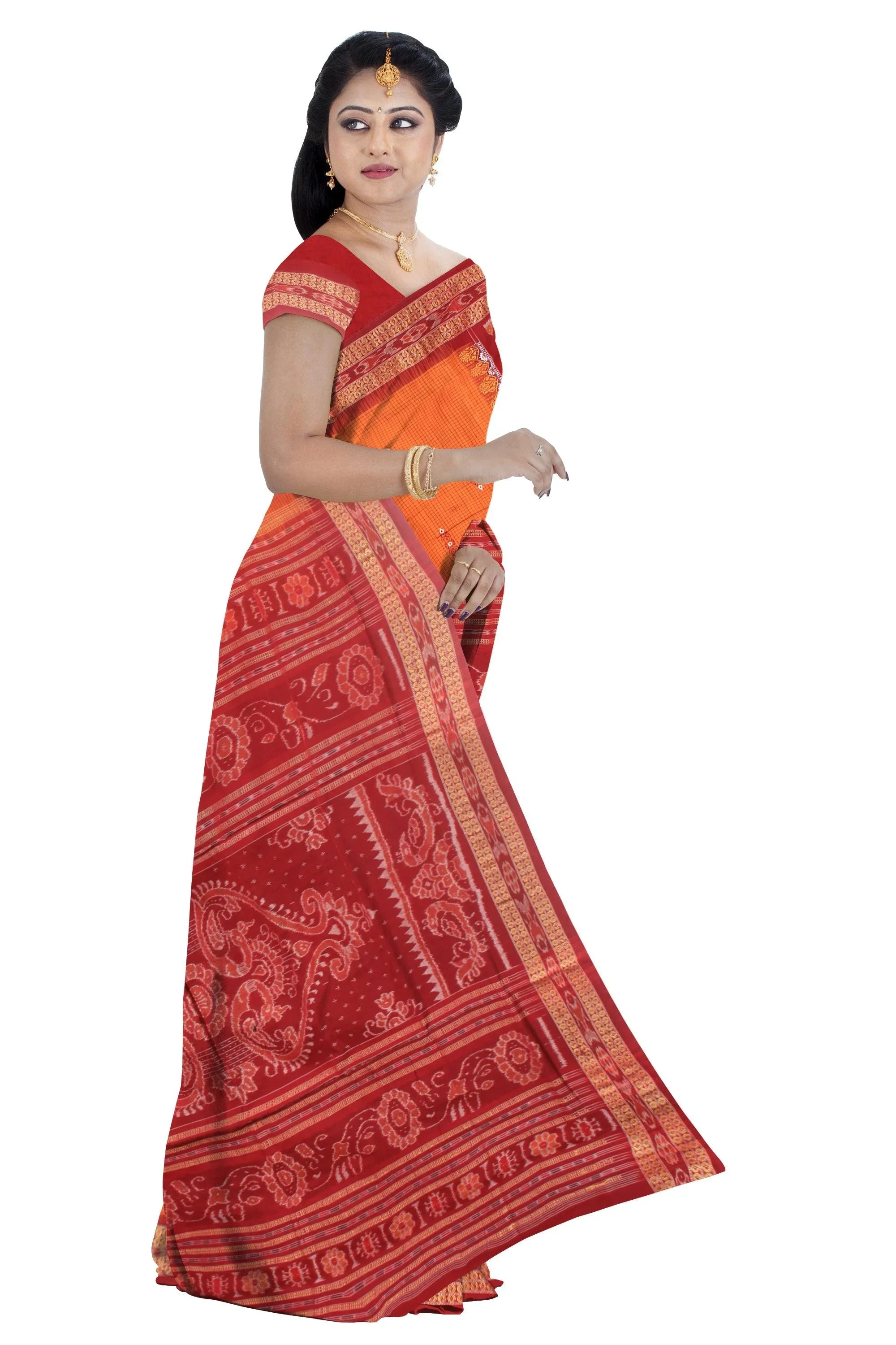Yellow and maroon color base sambalpuri bandha design saree, with blouse piece. - Koshali Arts & Crafts Enterprise