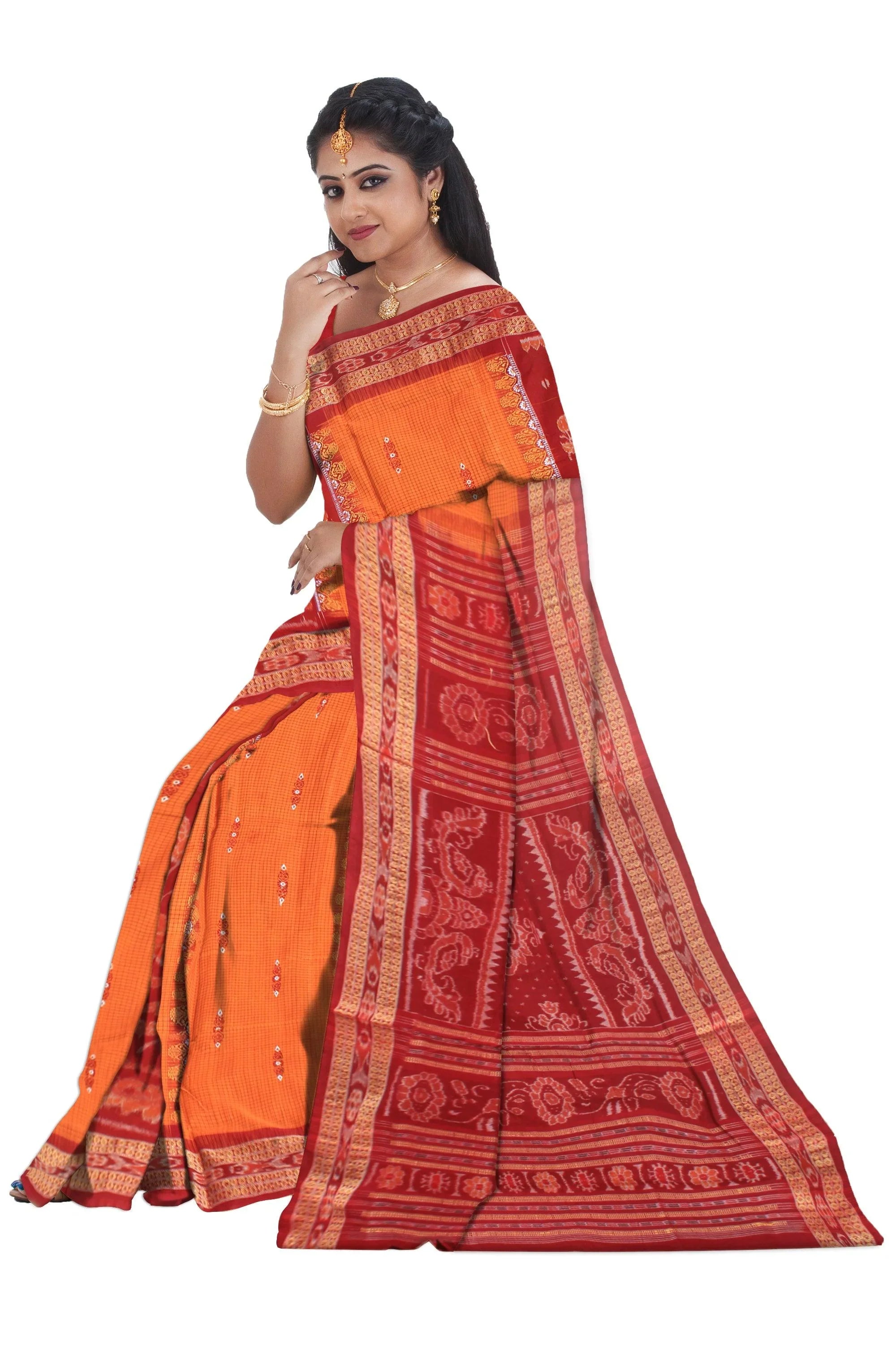 Yellow and maroon color base sambalpuri bandha design saree, with blouse piece. - Koshali Arts & Crafts Enterprise