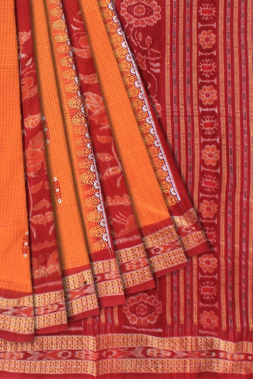 Yellow and maroon color base sambalpuri bandha design saree, with blouse piece. - Koshali Arts & Crafts Enterprise