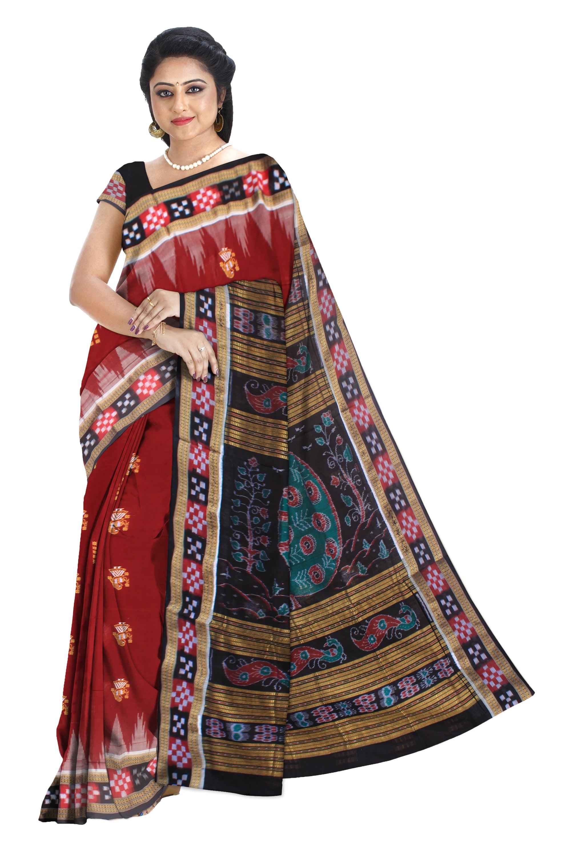 Latest Design of pasapali sambalpuri cotton saree in maroon and black color,with blouse piece. - Koshali Arts & Crafts Enterprise