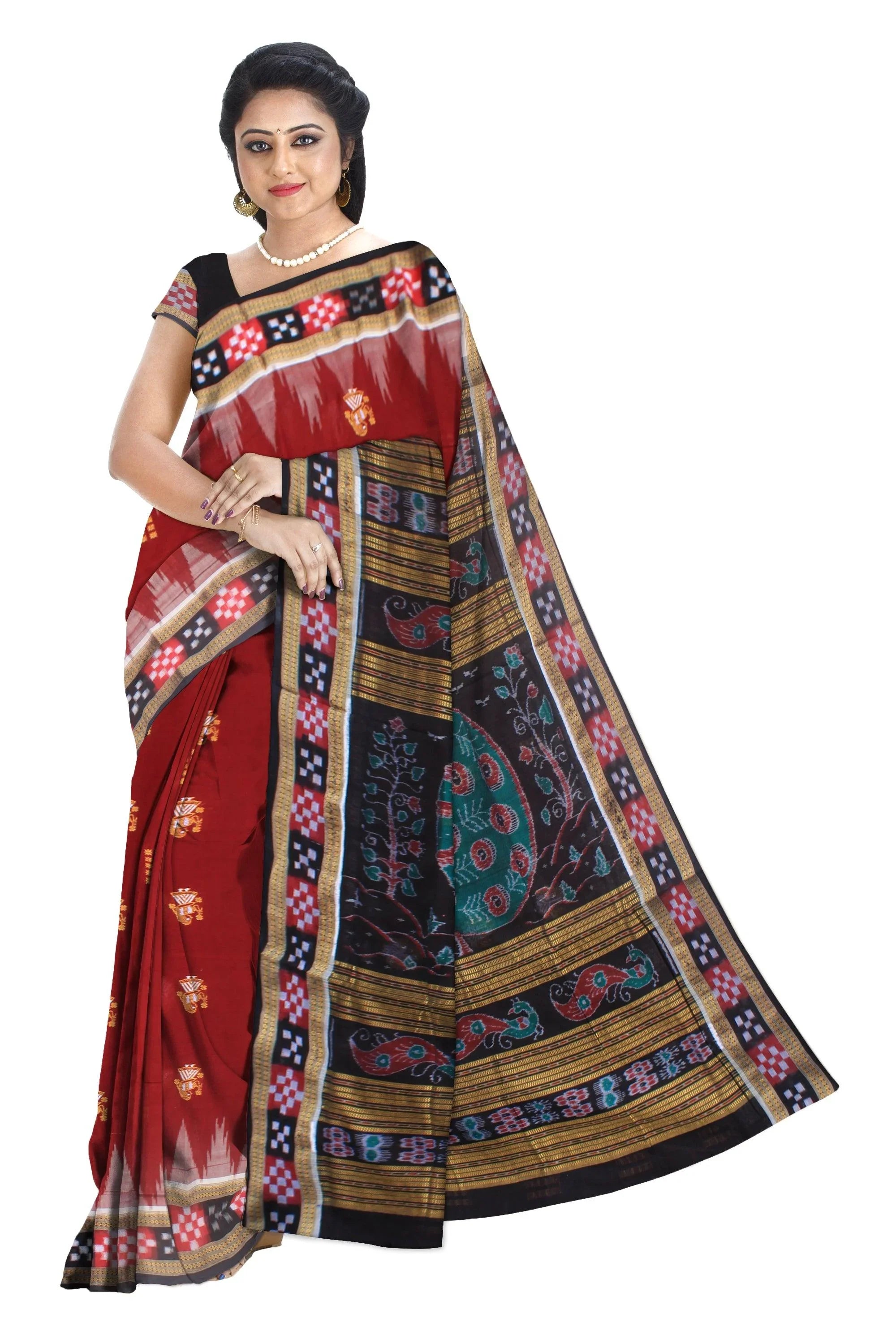 Latest Design of pasapali sambalpuri cotton saree in maroon and black color,with blouse piece. - Koshali Arts & Crafts Enterprise