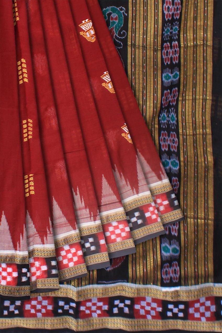 Latest Design of pasapali sambalpuri cotton saree in maroon and black color,with blouse piece. - Koshali Arts & Crafts Enterprise