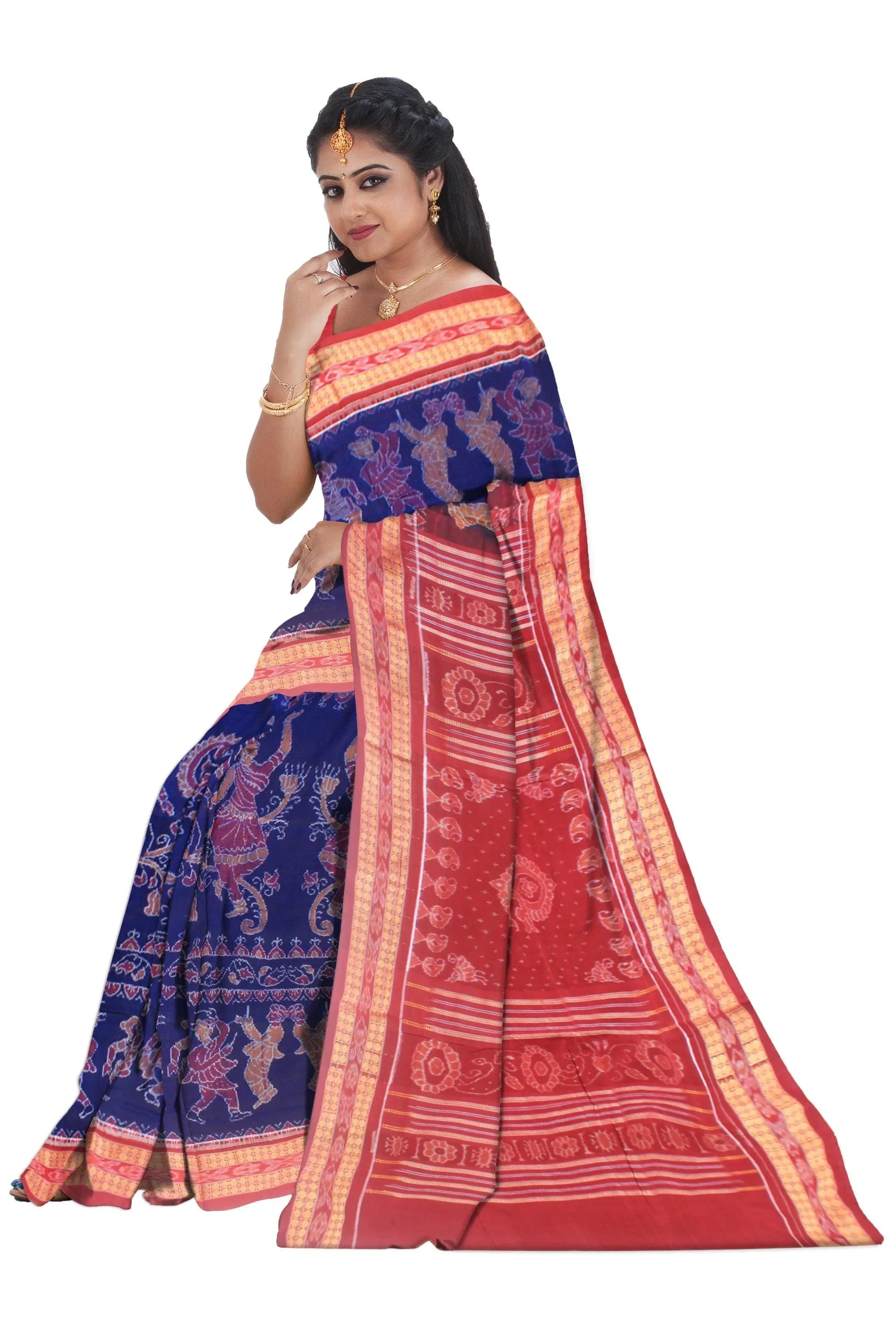 Nartaki design sambalpuri cotton saree in blue and maroon color , with blouse piece. - Koshali Arts & Crafts Enterprise