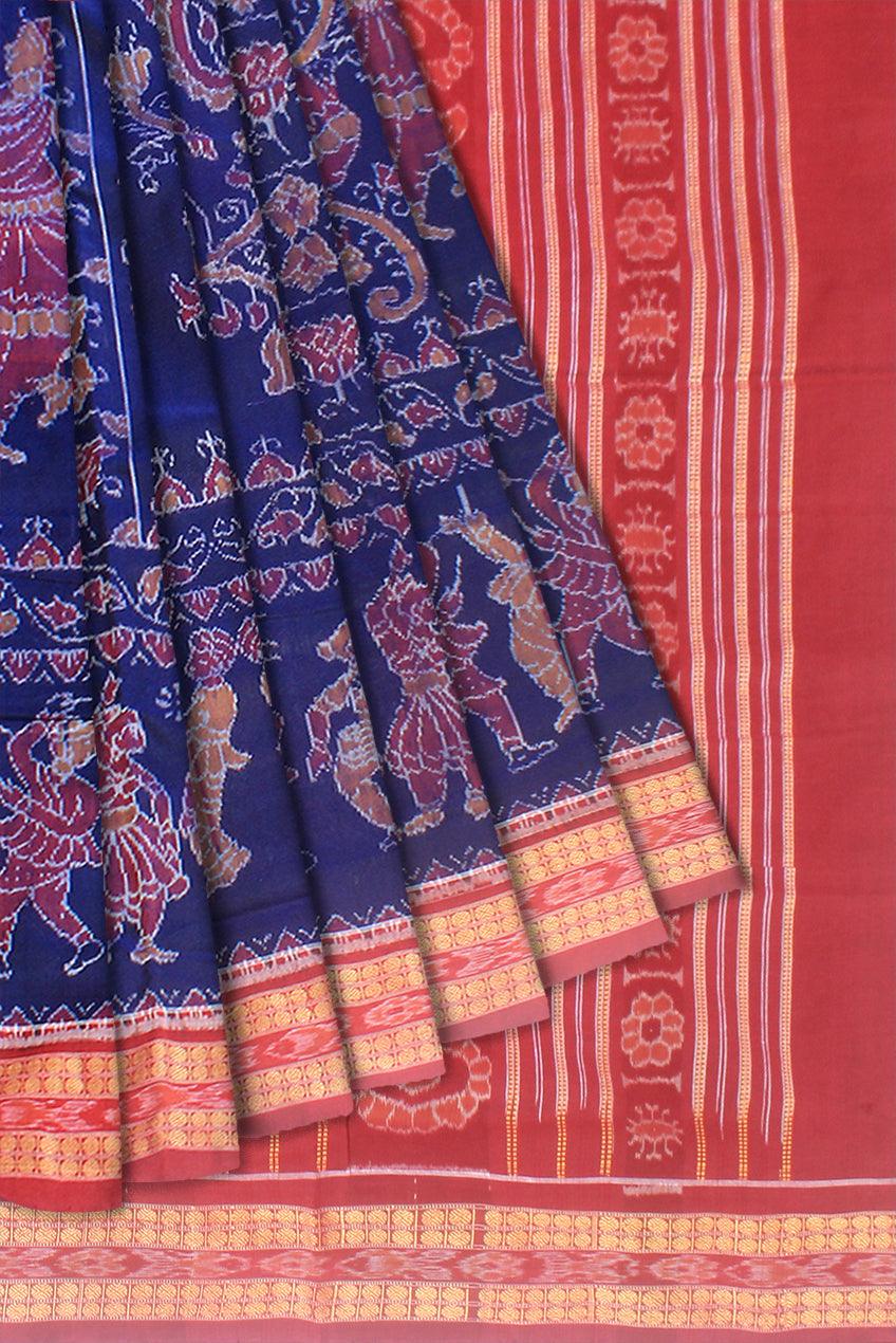 Nartaki design sambalpuri cotton saree in blue and maroon color , with blouse piece. - Koshali Arts & Crafts Enterprise