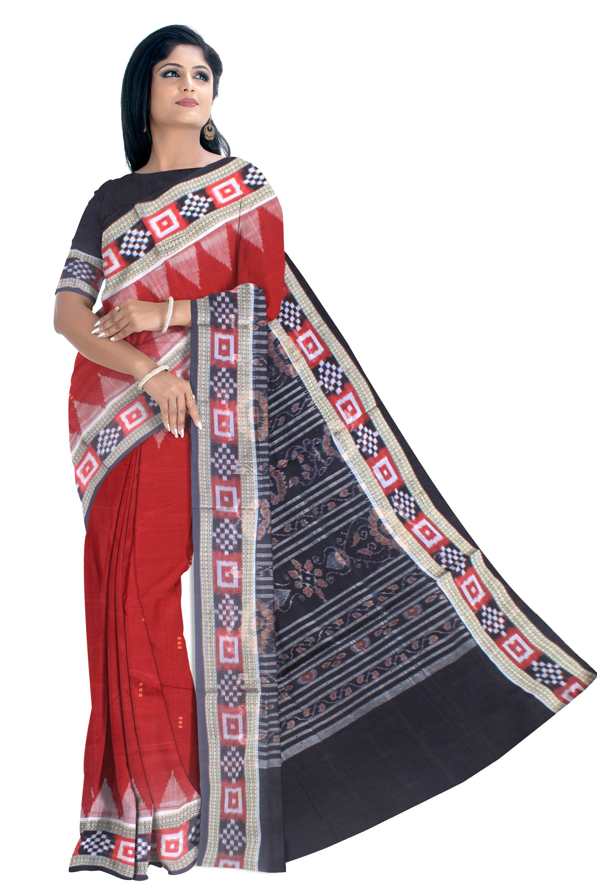 Small booty and sapta design of sambalpuri cotton saree in maroon and black color, with blouse piece. - Koshali Arts & Crafts Enterprise