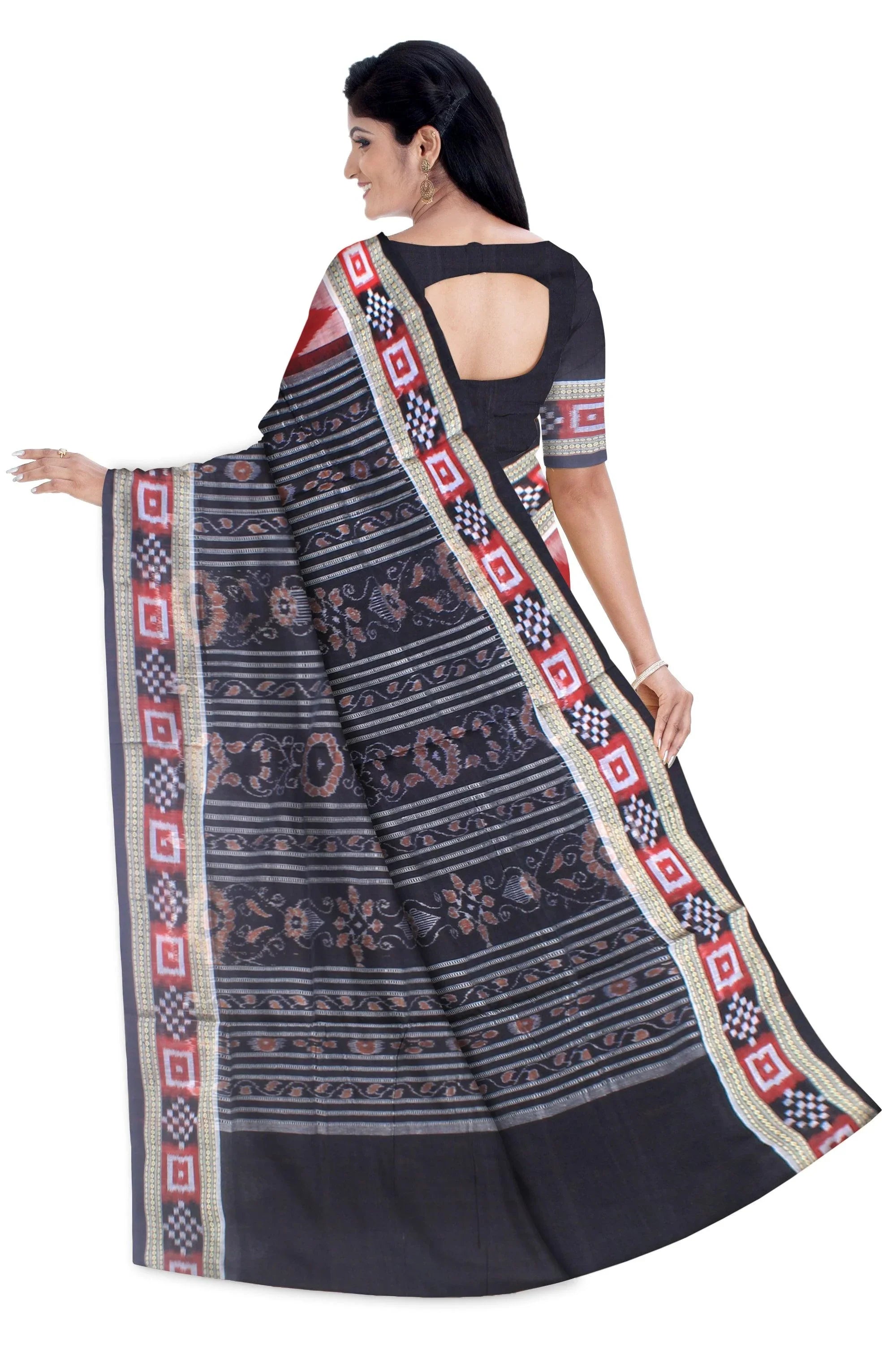 Small booty and sapta design of sambalpuri cotton saree in maroon and black color, with blouse piece. - Koshali Arts & Crafts Enterprise