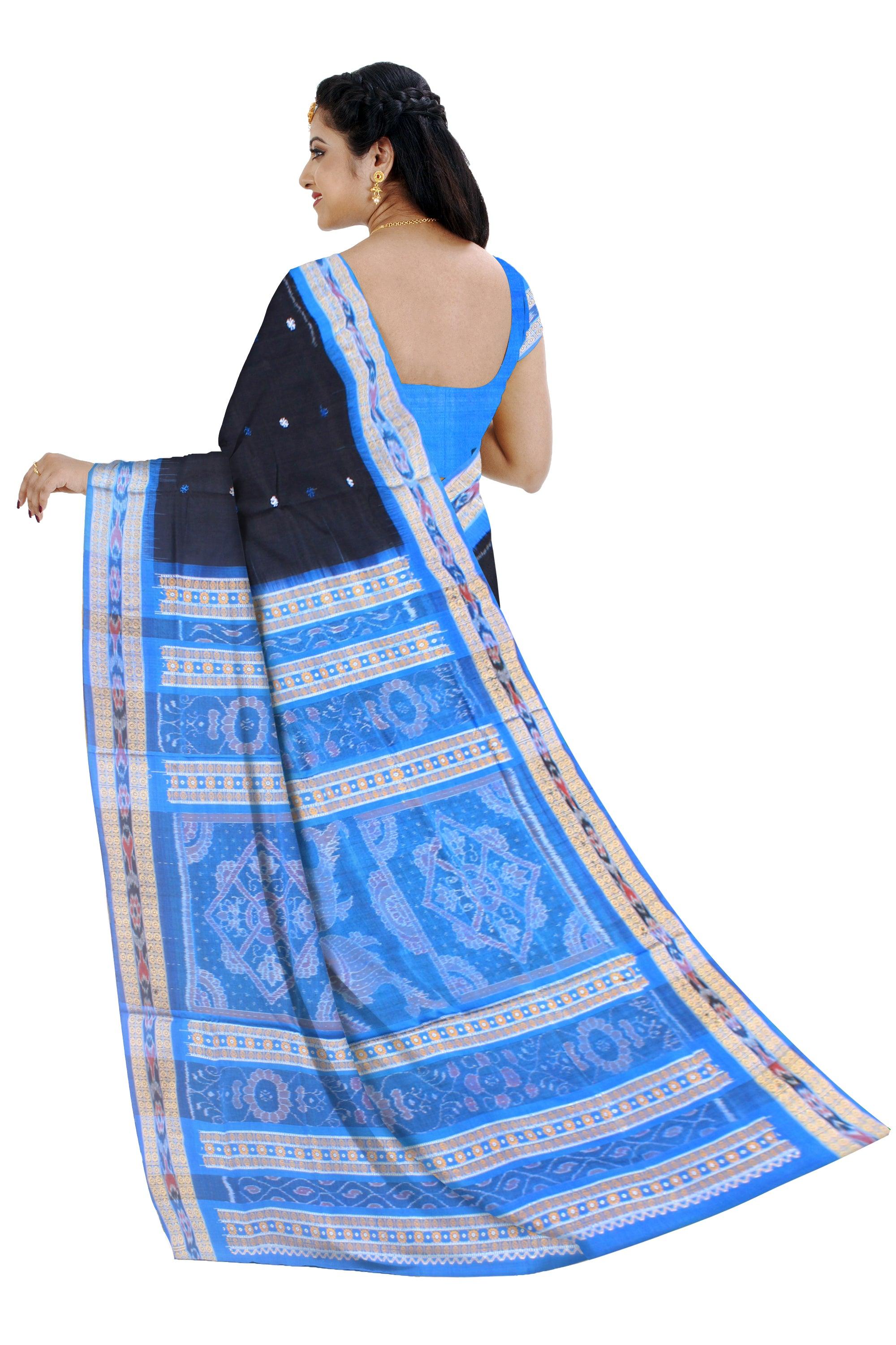 Black and sky color base sambalpuri pure cotton saree with blouse piece. - Koshali Arts & Crafts Enterprise