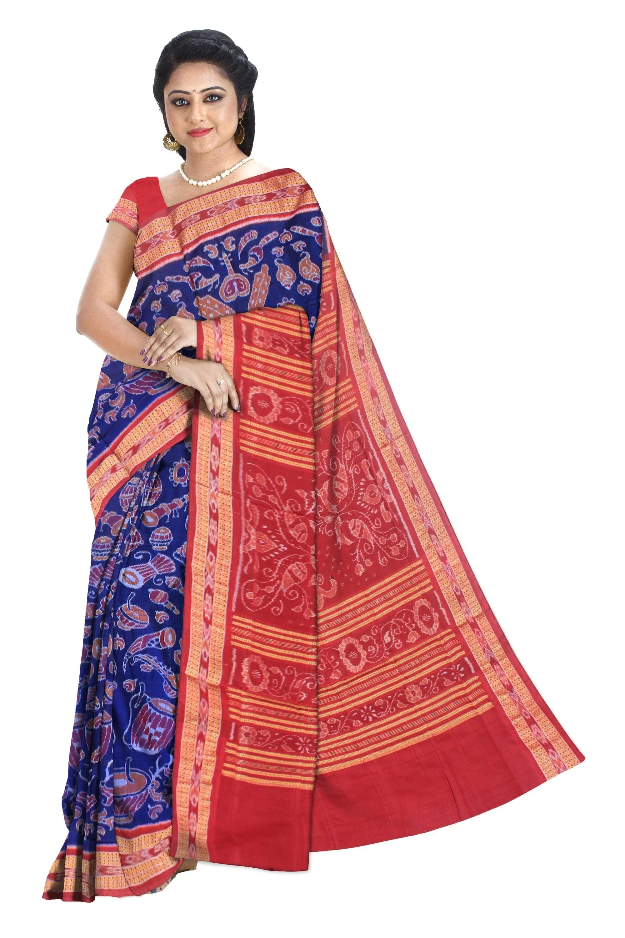 Musical instrument design of Sambalpuri cotton saree in dark blue and maroon color. - Koshali Arts & Crafts Enterprise