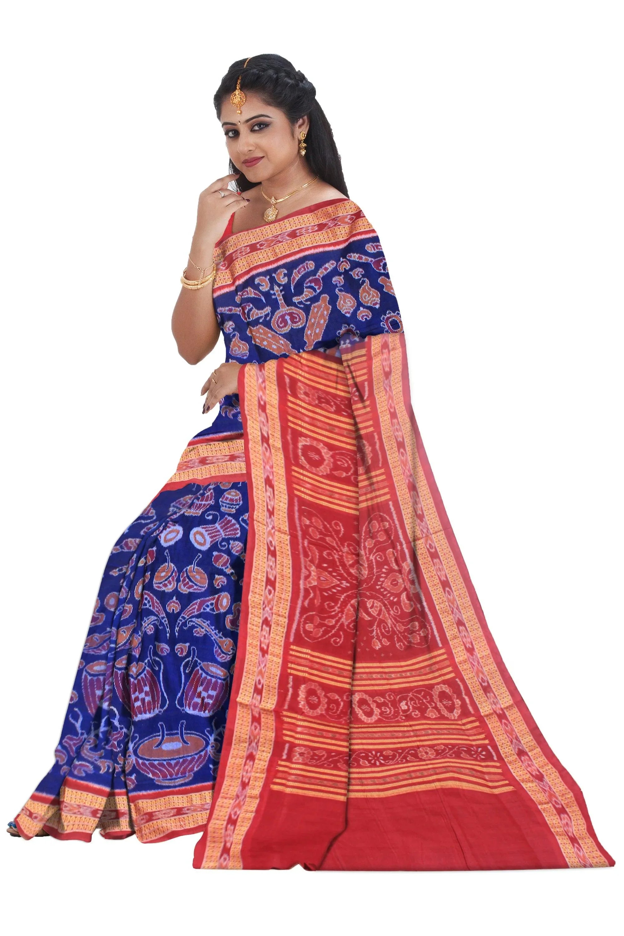 Musical instrument design of Sambalpuri cotton saree in dark blue and maroon color. - Koshali Arts & Crafts Enterprise