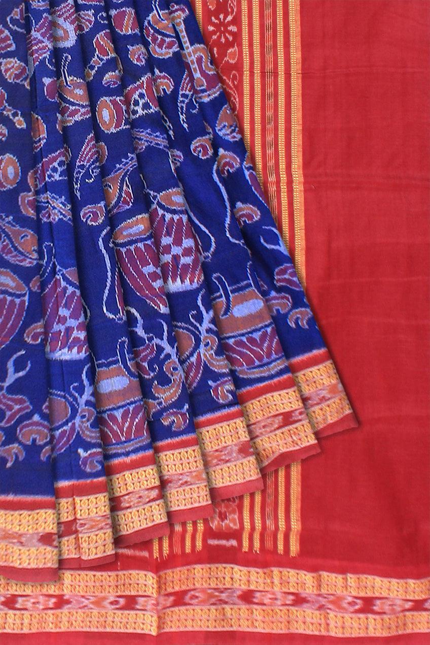 Musical instrument design of Sambalpuri cotton saree in dark blue and maroon color. - Koshali Arts & Crafts Enterprise