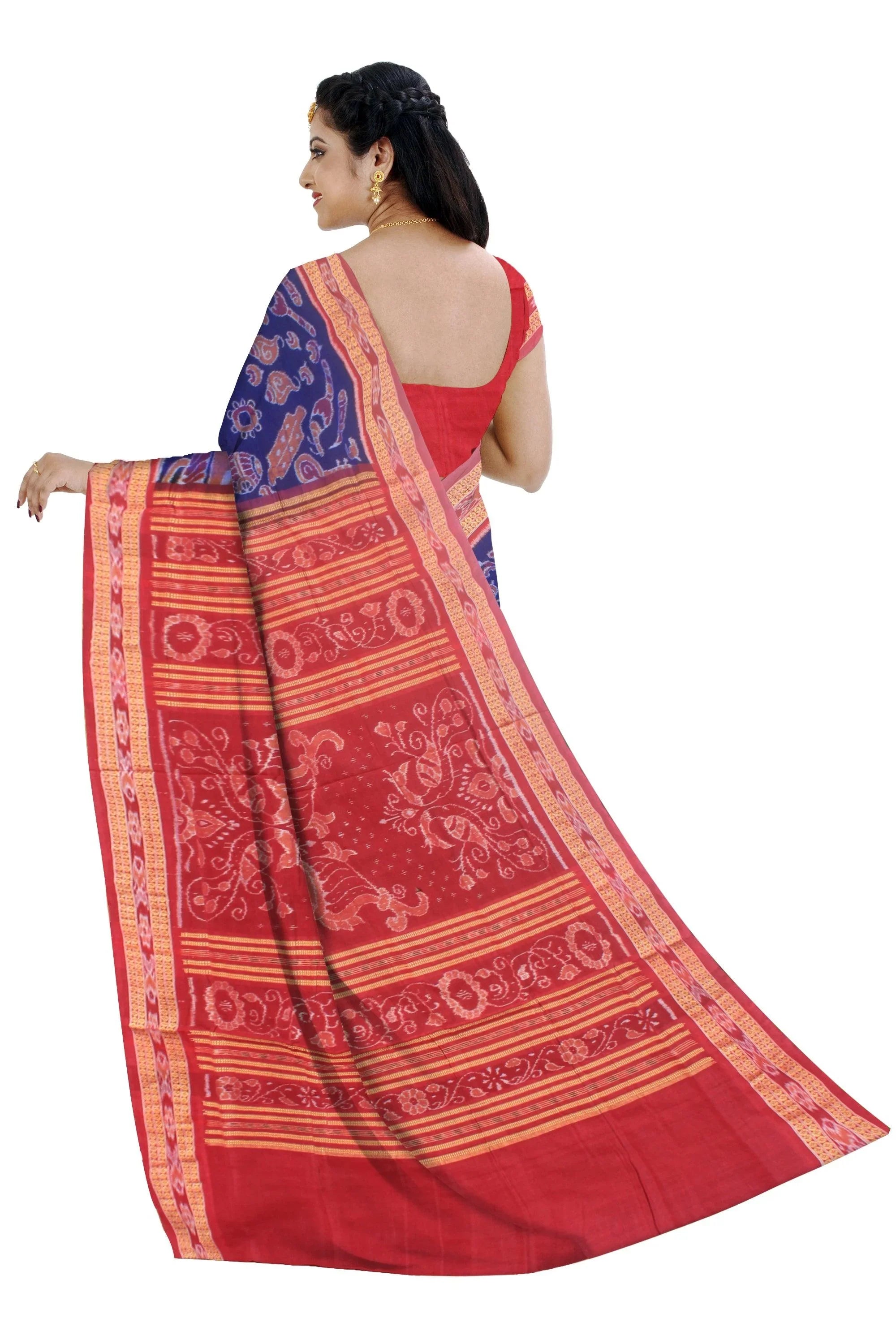 Musical instrument design of Sambalpuri cotton saree in dark blue and maroon color. - Koshali Arts & Crafts Enterprise