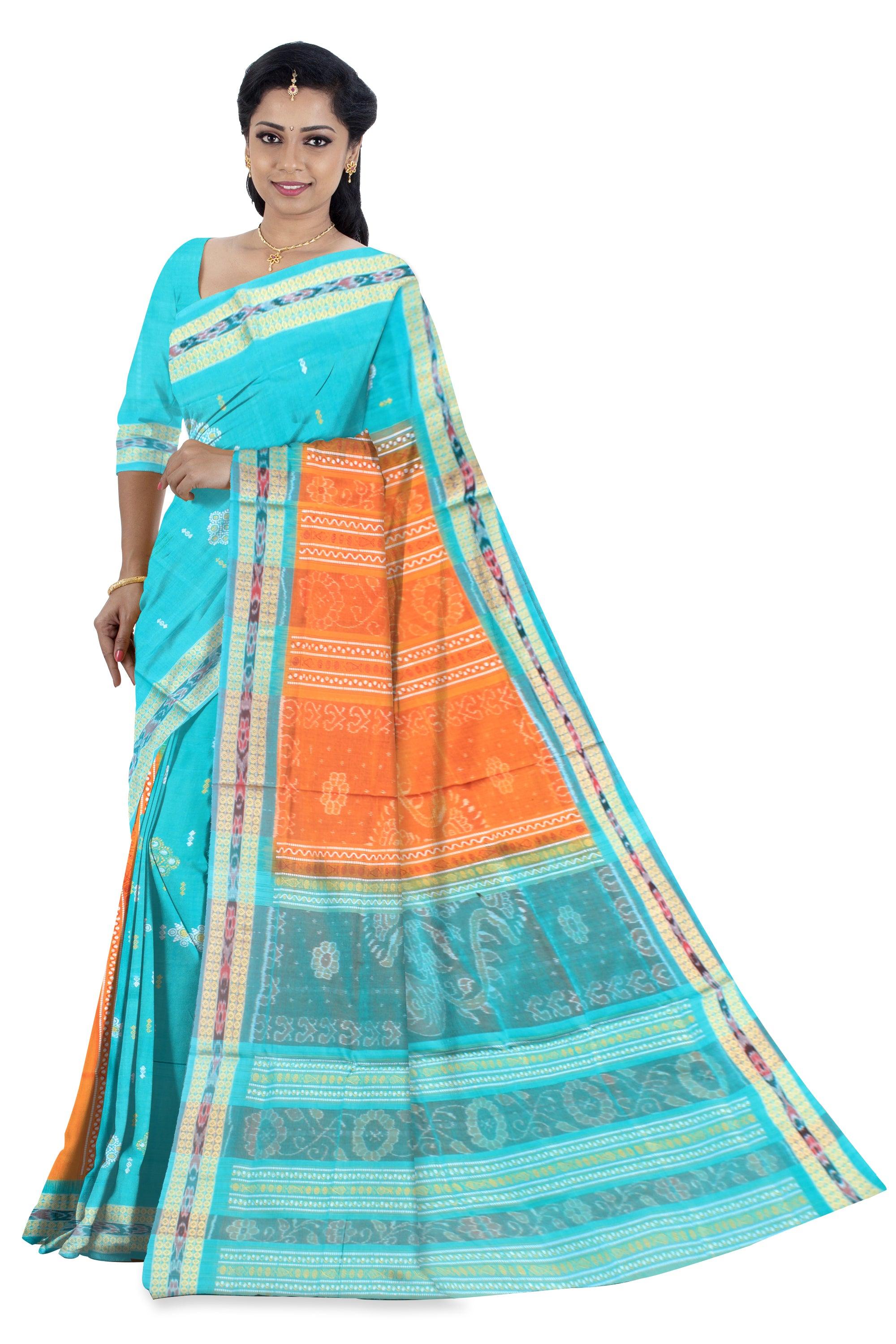 Mayuri print sambalpuri cotton saree in aqua and yellow color , with blouse piece. - Koshali Arts & Crafts Enterprise