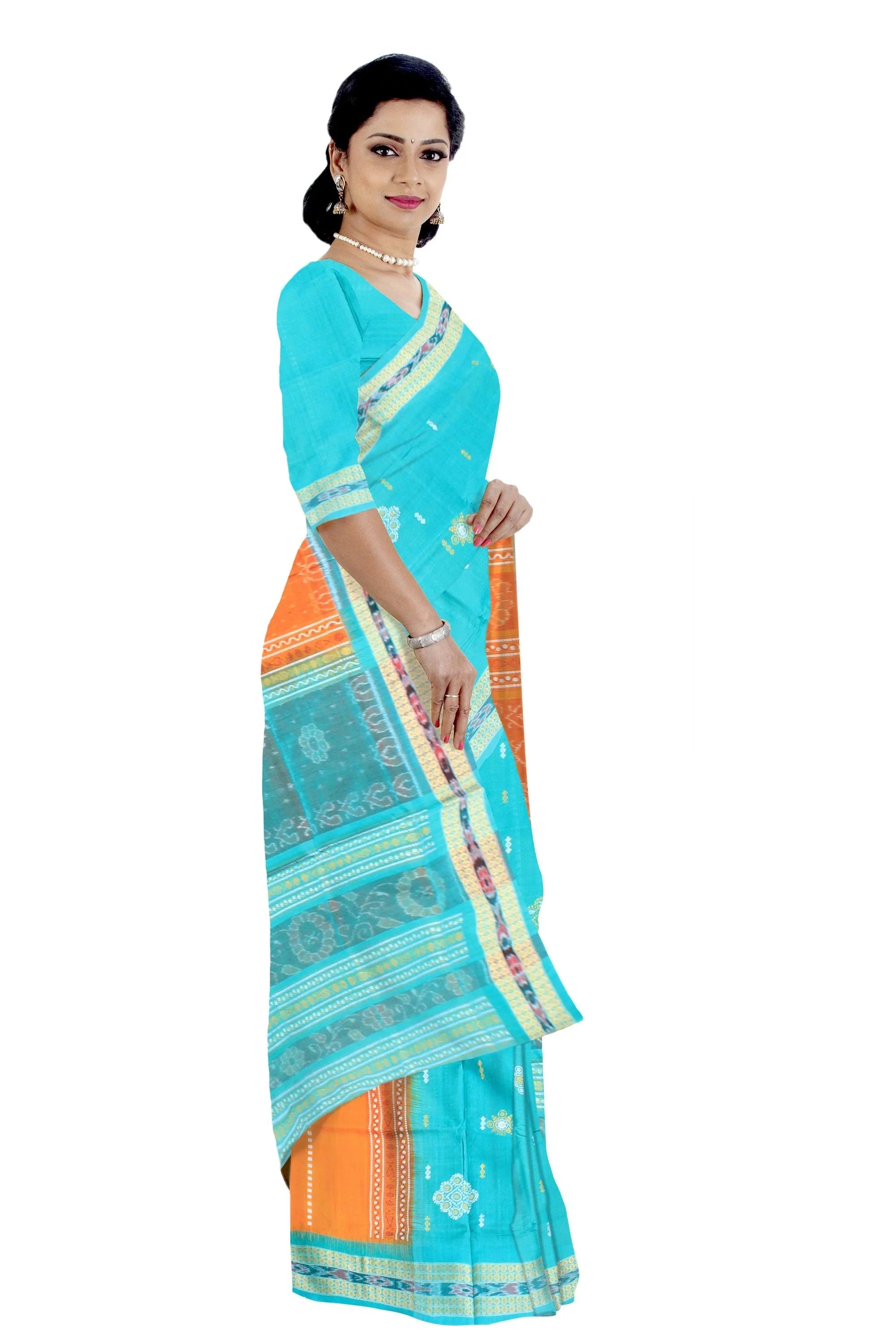 Mayuri print sambalpuri cotton saree in aqua and yellow color , with blouse piece. - Koshali Arts & Crafts Enterprise