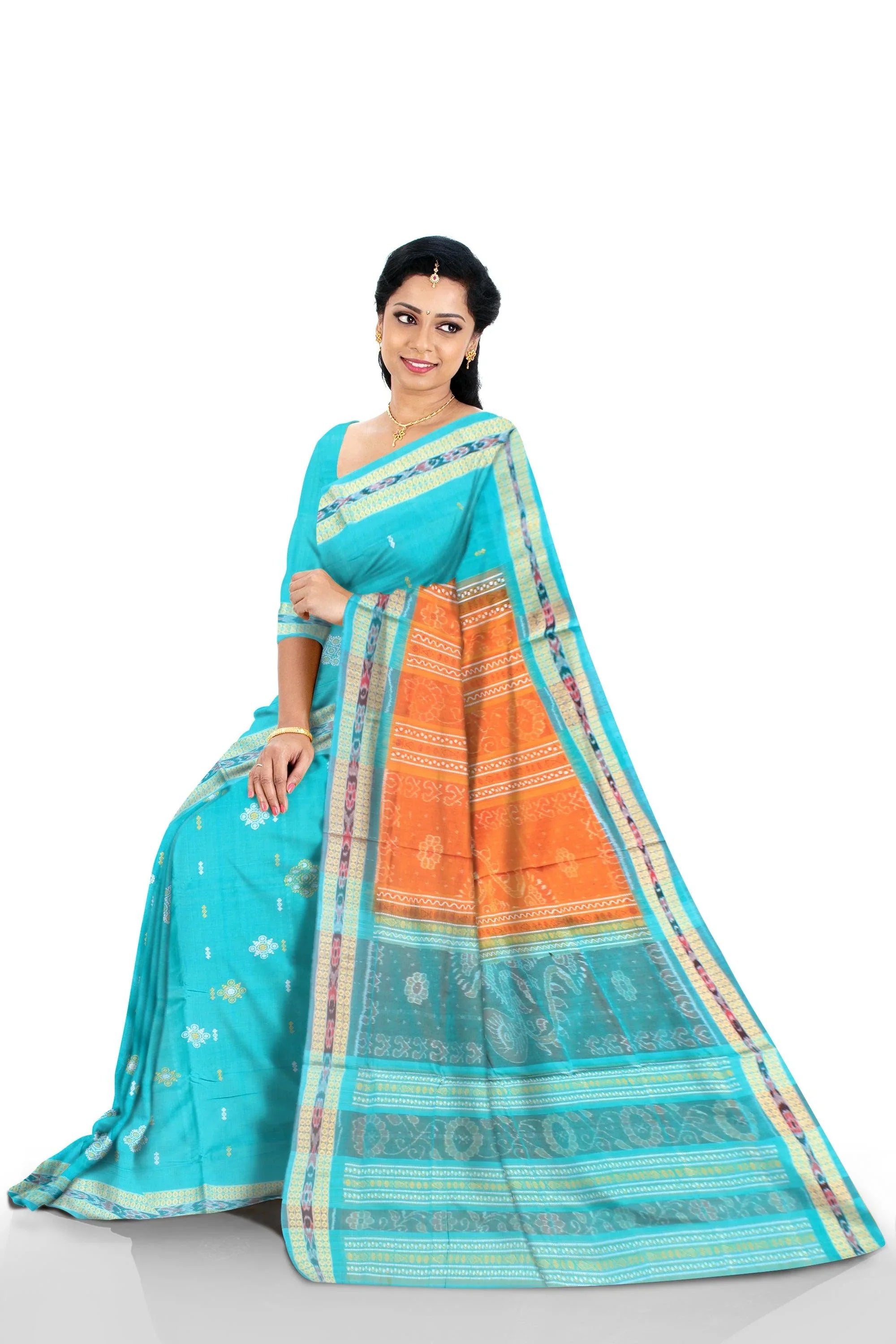 Mayuri print sambalpuri cotton saree in aqua and yellow color , with blouse piece. - Koshali Arts & Crafts Enterprise