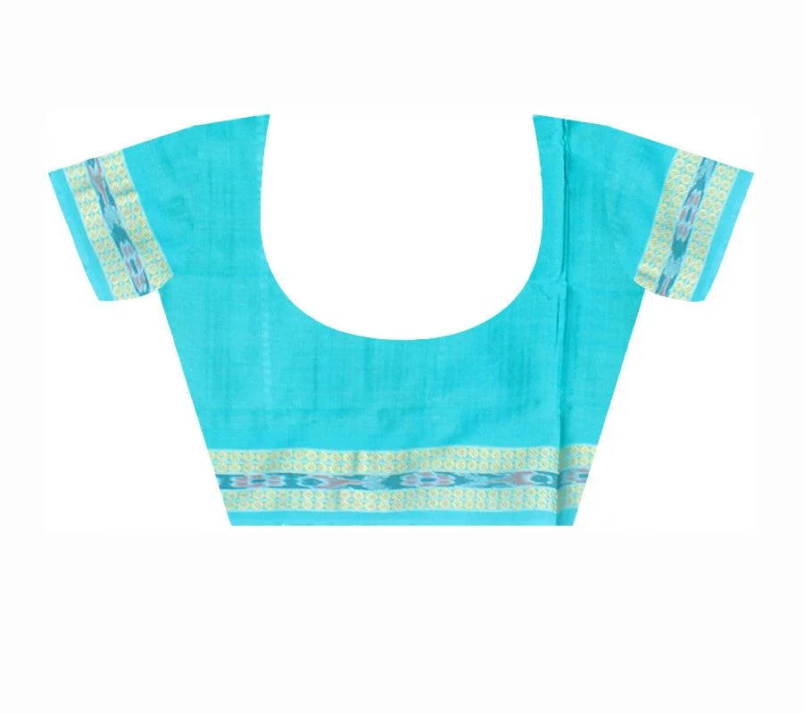 Mayuri print sambalpuri cotton saree in aqua and yellow color , with blouse piece. - Koshali Arts & Crafts Enterprise