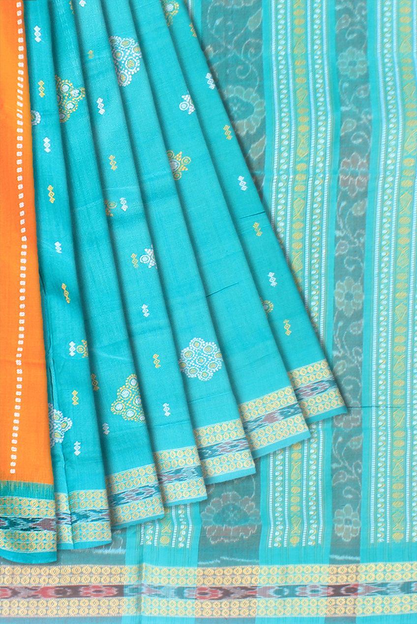Mayuri print sambalpuri cotton saree in aqua and yellow color , with blouse piece. - Koshali Arts & Crafts Enterprise