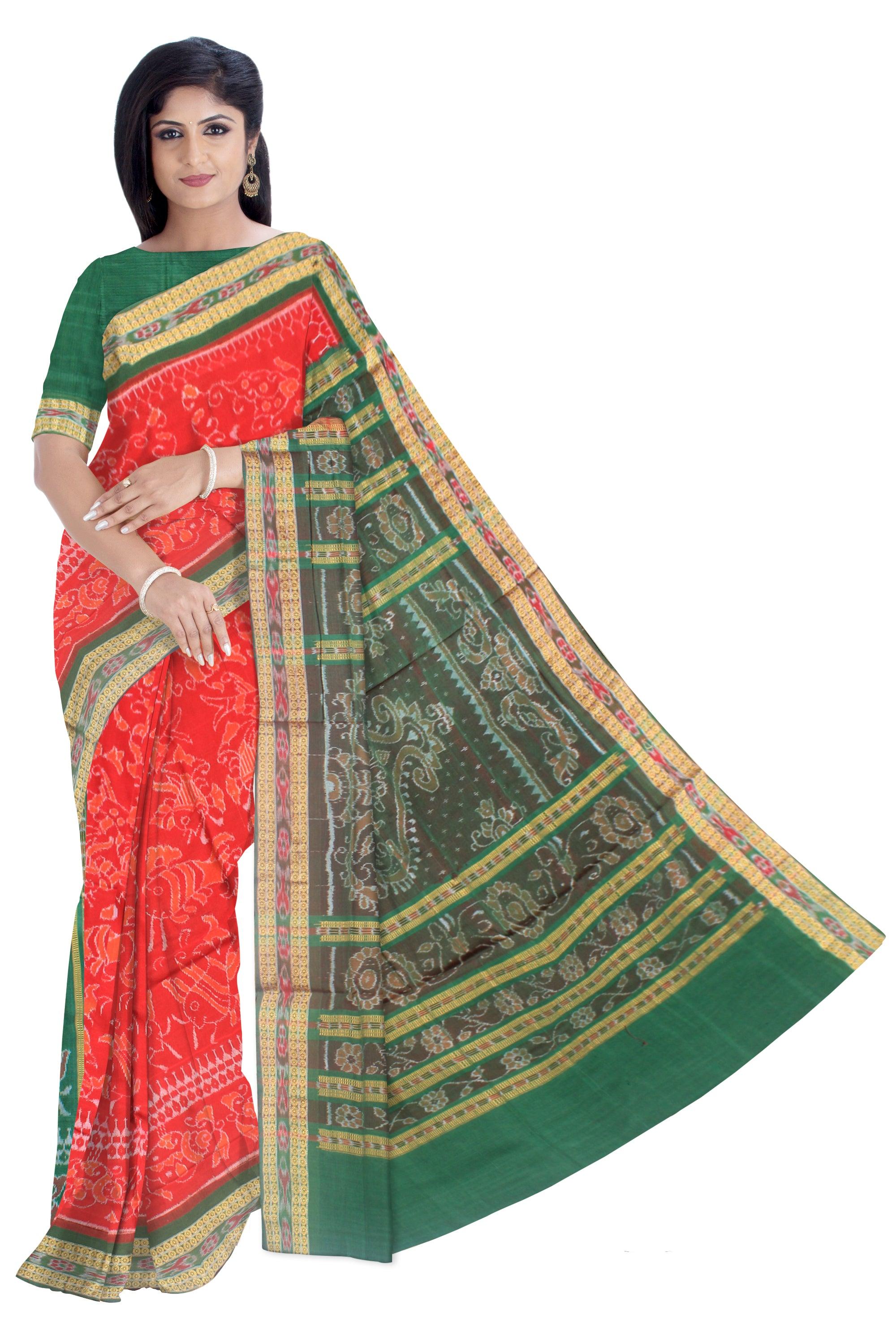 Fish pattern of sambalpuri cotton saree in red and green color, with blouse piece. - Koshali Arts & Crafts Enterprise