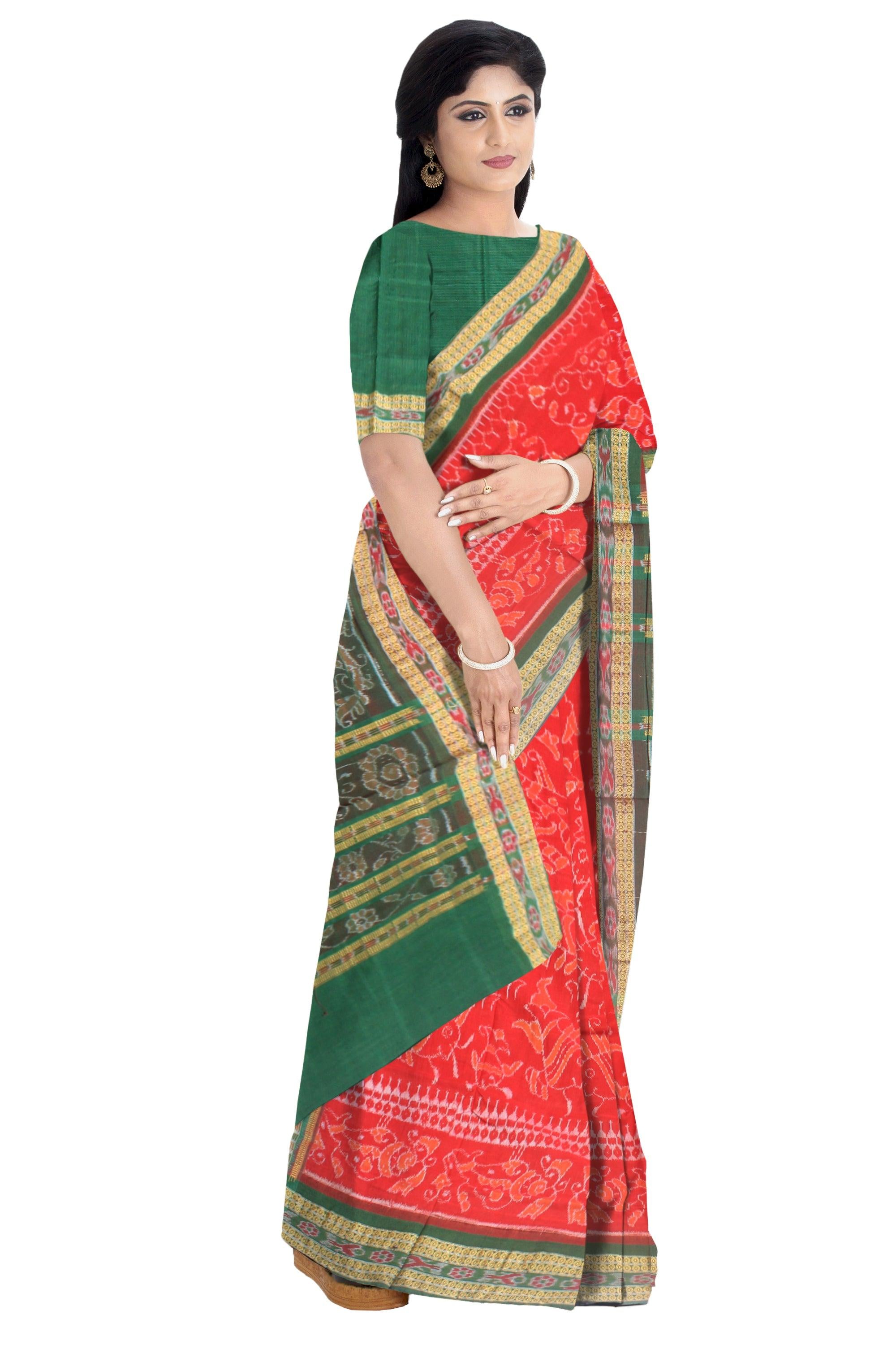 Fish pattern of sambalpuri cotton saree in red and green color, with blouse piece. - Koshali Arts & Crafts Enterprise
