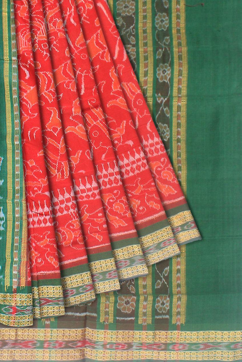 Fish pattern of sambalpuri cotton saree in red and green color, with blouse piece. - Koshali Arts & Crafts Enterprise
