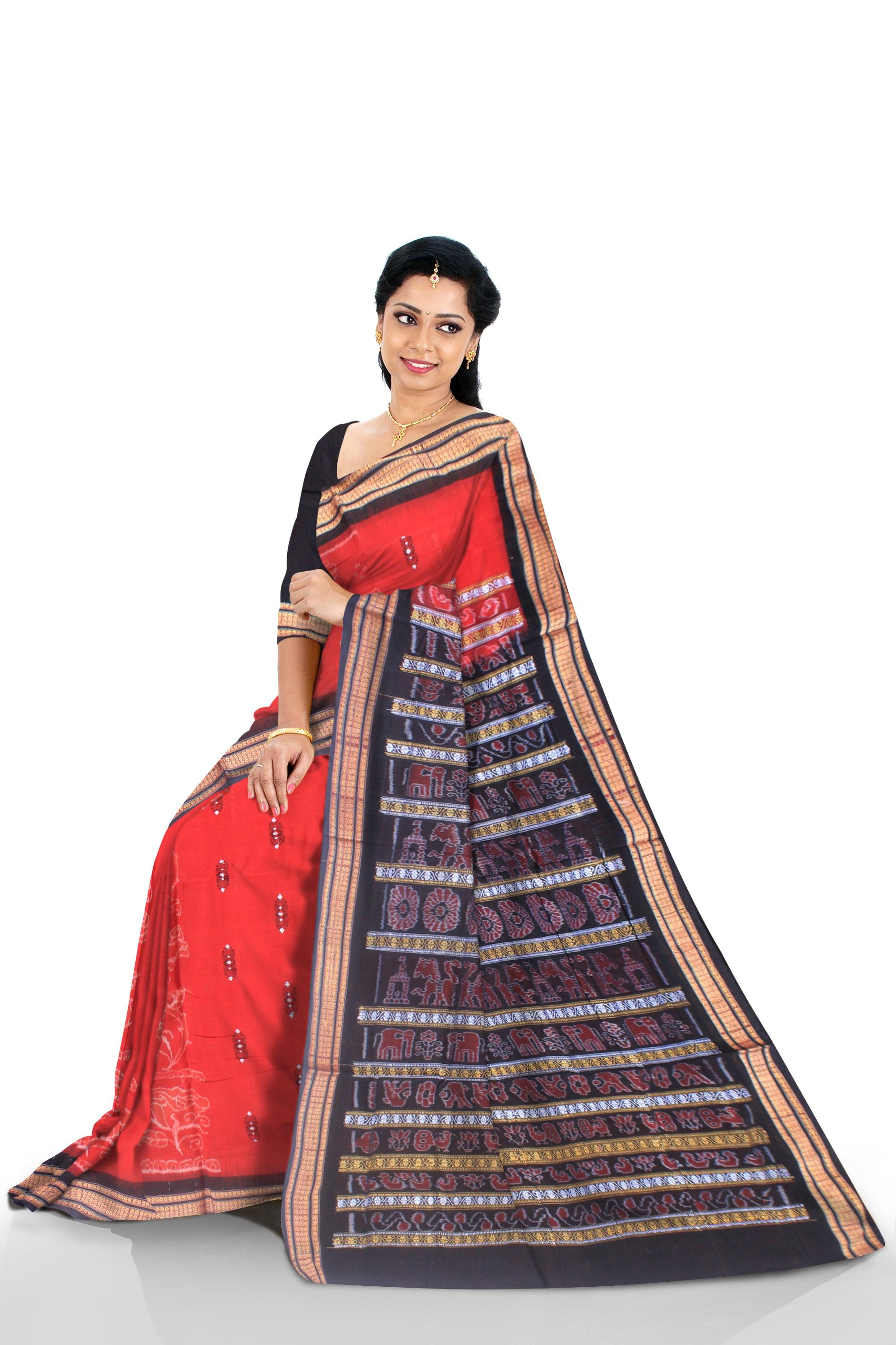Latest design of bandha sambalpuri cotton saree in red and black color, with blouse piece. - Koshali Arts & Crafts Enterprise