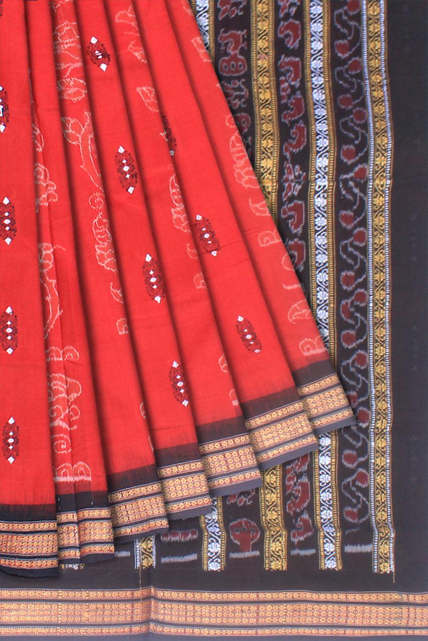 Latest design of bandha sambalpuri cotton saree in red and black color, with blouse piece. - Koshali Arts & Crafts Enterprise
