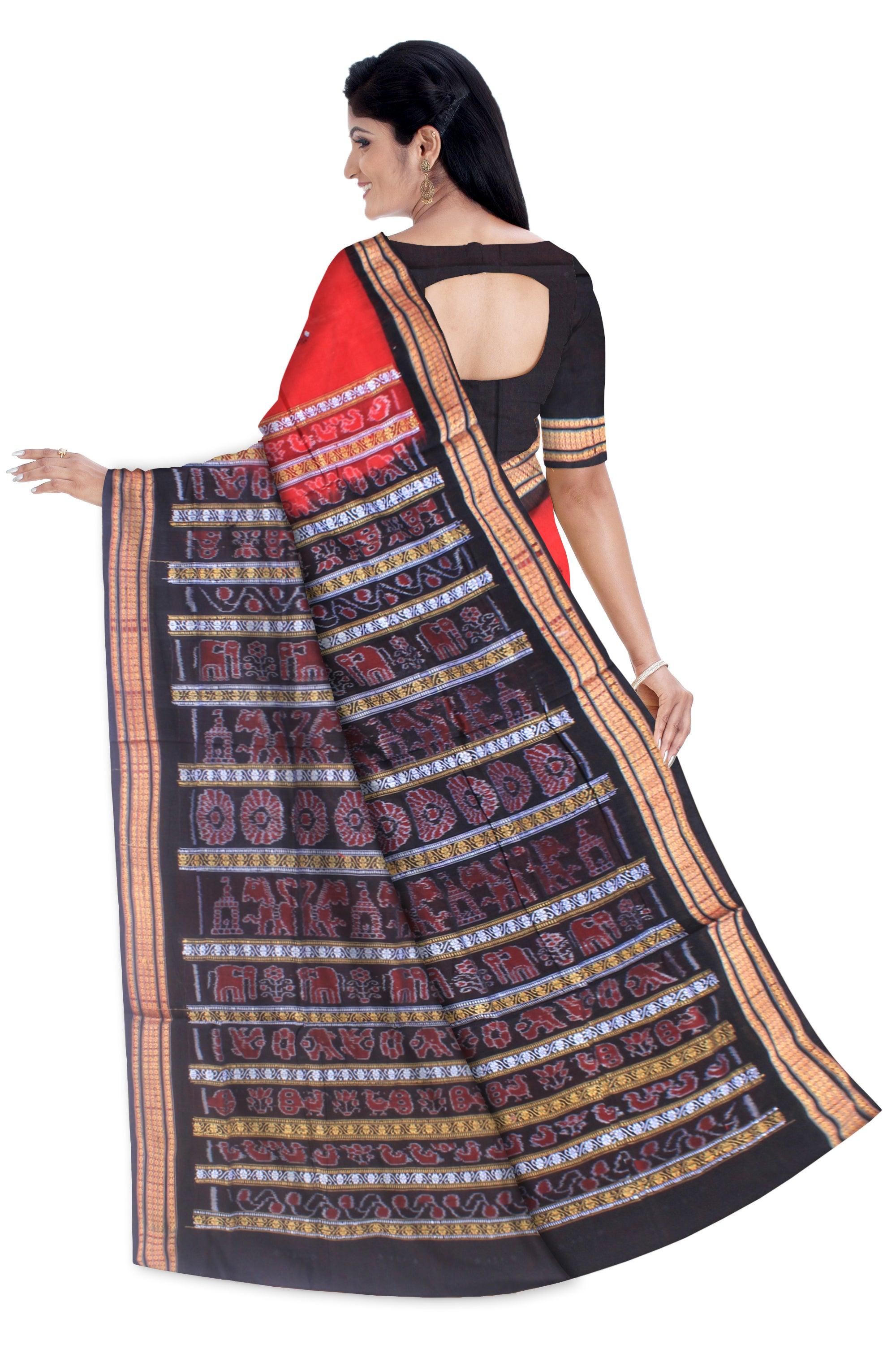 Latest design of bandha sambalpuri cotton saree in red and black color, with blouse piece. - Koshali Arts & Crafts Enterprise
