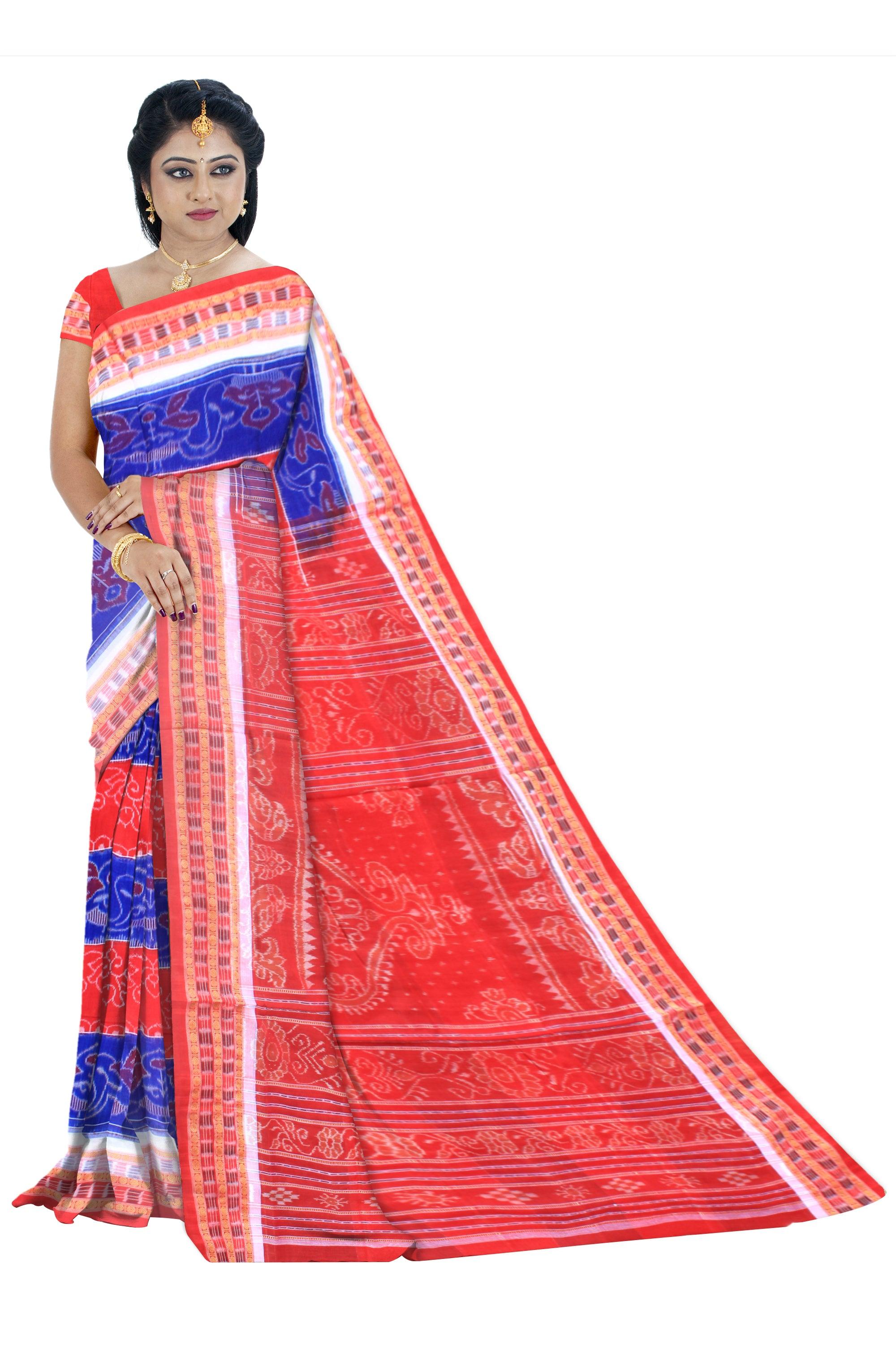 Red and blue color bird pattern sambalpuri cotton saree with blouse piece. - Koshali Arts & Crafts Enterprise