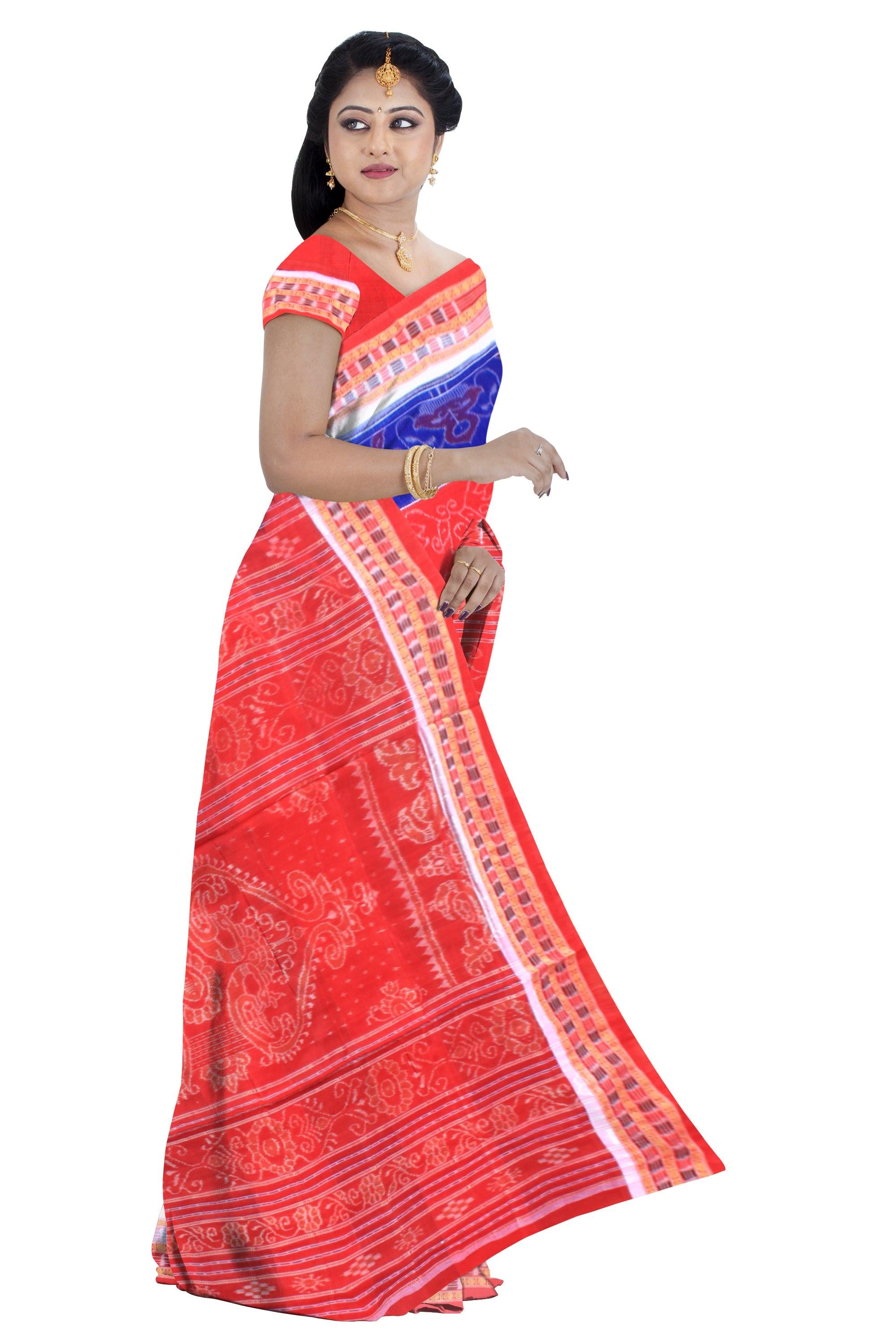 Red and blue color bird pattern sambalpuri cotton saree with blouse piece. - Koshali Arts & Crafts Enterprise