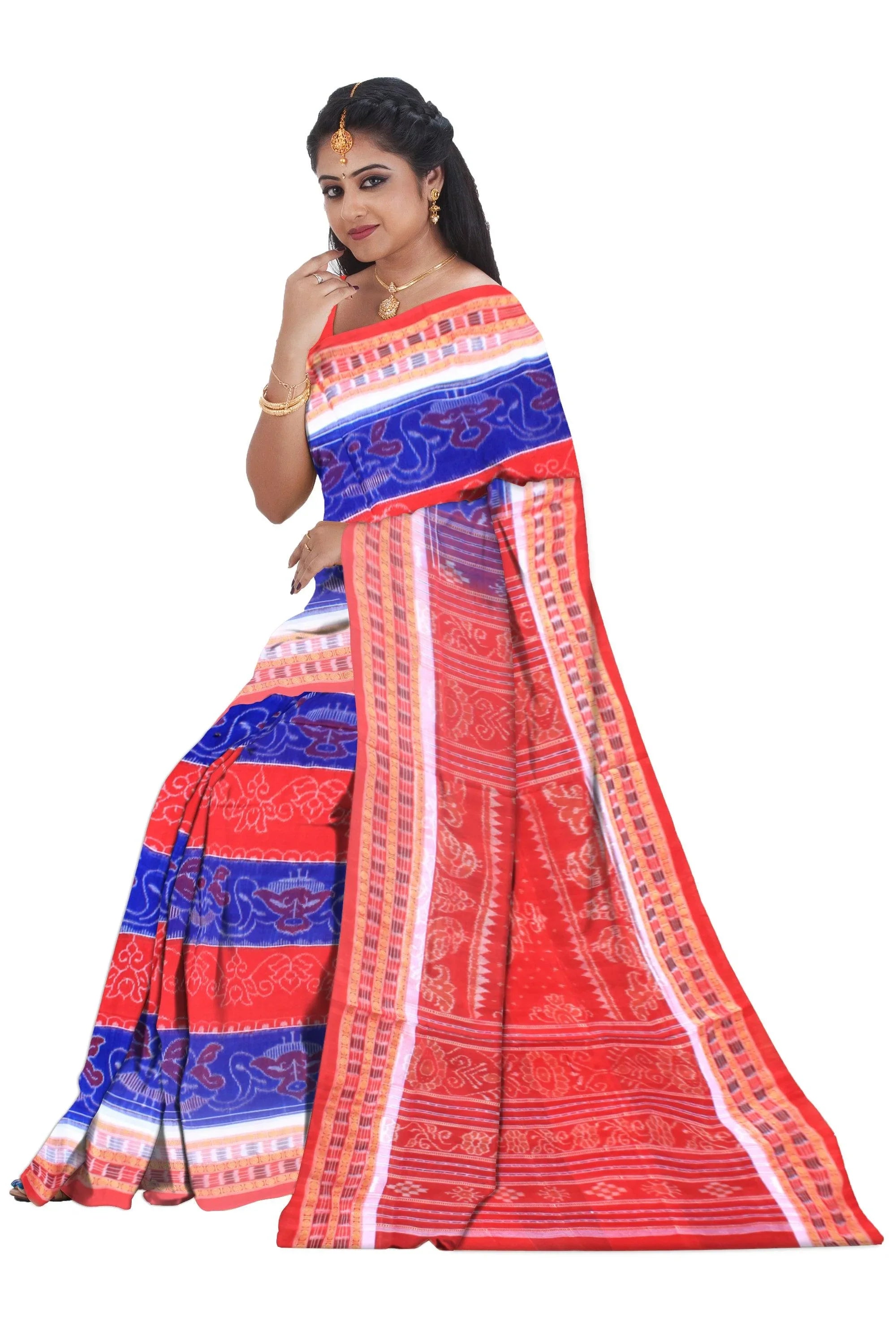 Red and blue color bird pattern sambalpuri cotton saree with blouse piece. - Koshali Arts & Crafts Enterprise