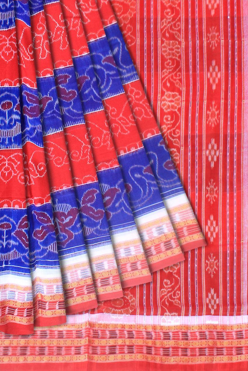 Red and blue color bird pattern sambalpuri cotton saree with blouse piece. - Koshali Arts & Crafts Enterprise