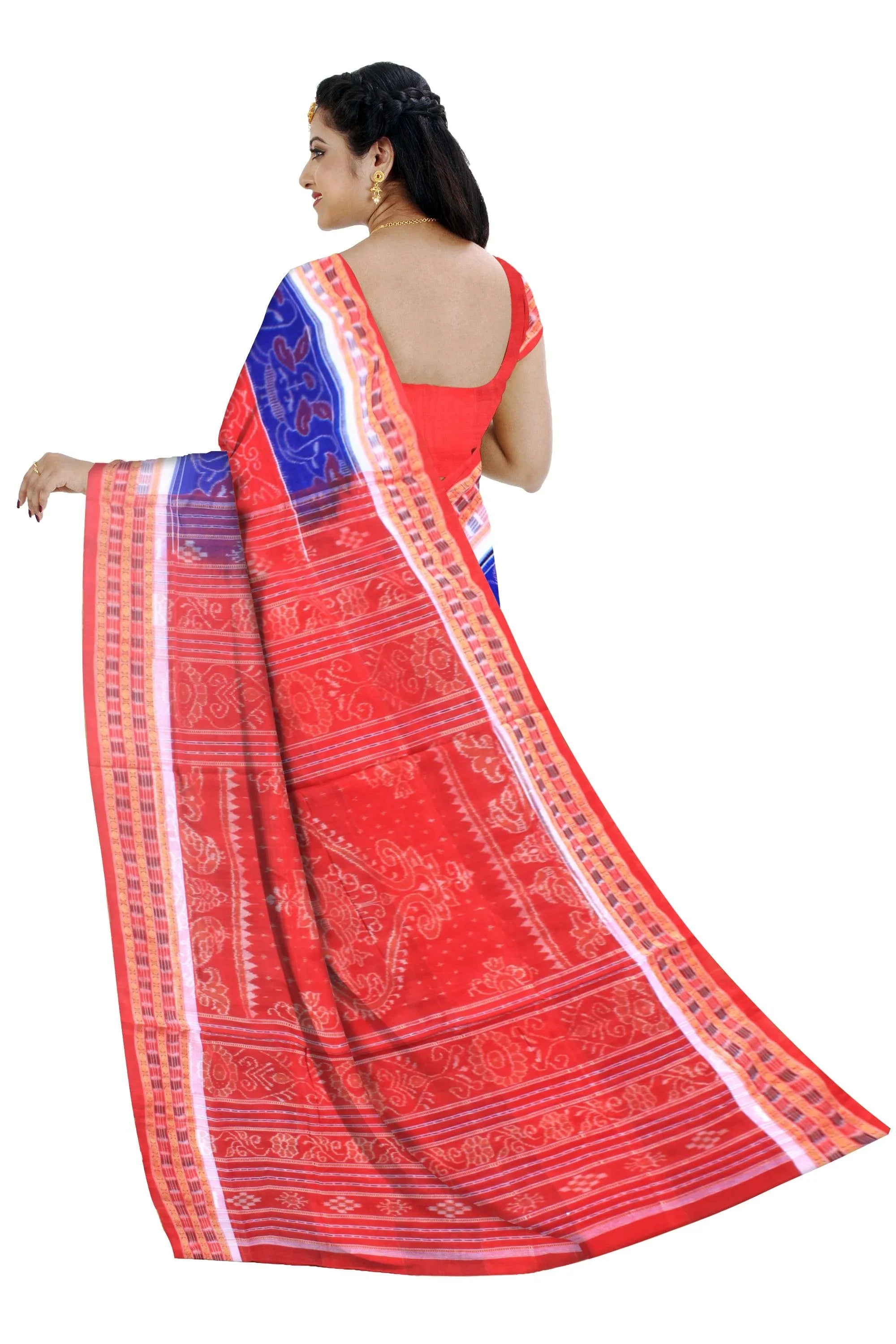 Red and blue color bird pattern sambalpuri cotton saree with blouse piece. - Koshali Arts & Crafts Enterprise