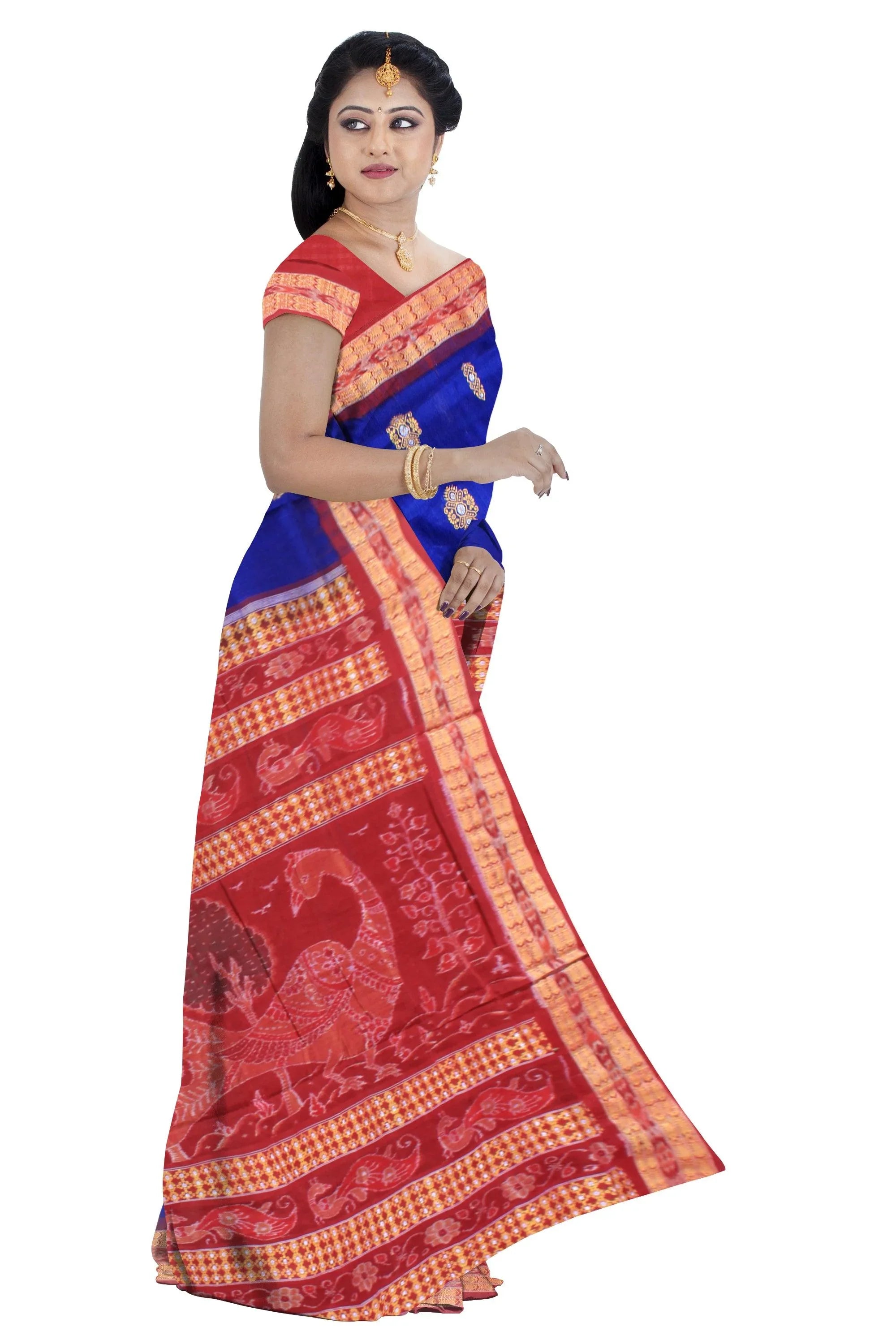 Bandha design of Samblpuri cotton saree in blue and maroon color, with blouse piece. - Koshali Arts & Crafts Enterprise