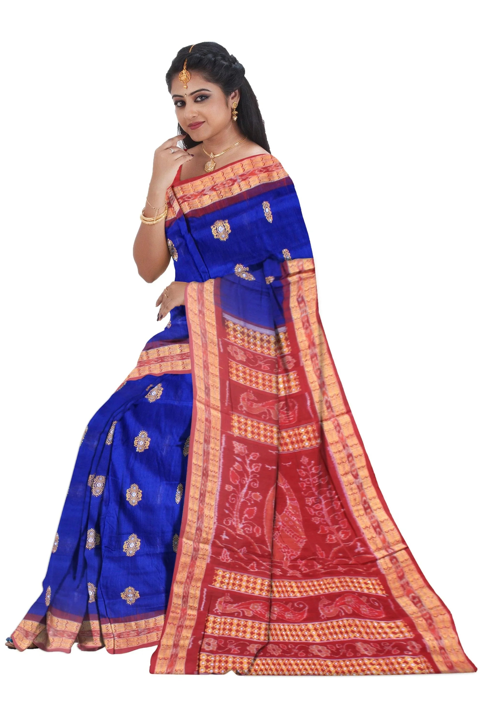 Bandha design of Samblpuri cotton saree in blue and maroon color, with blouse piece. - Koshali Arts & Crafts Enterprise