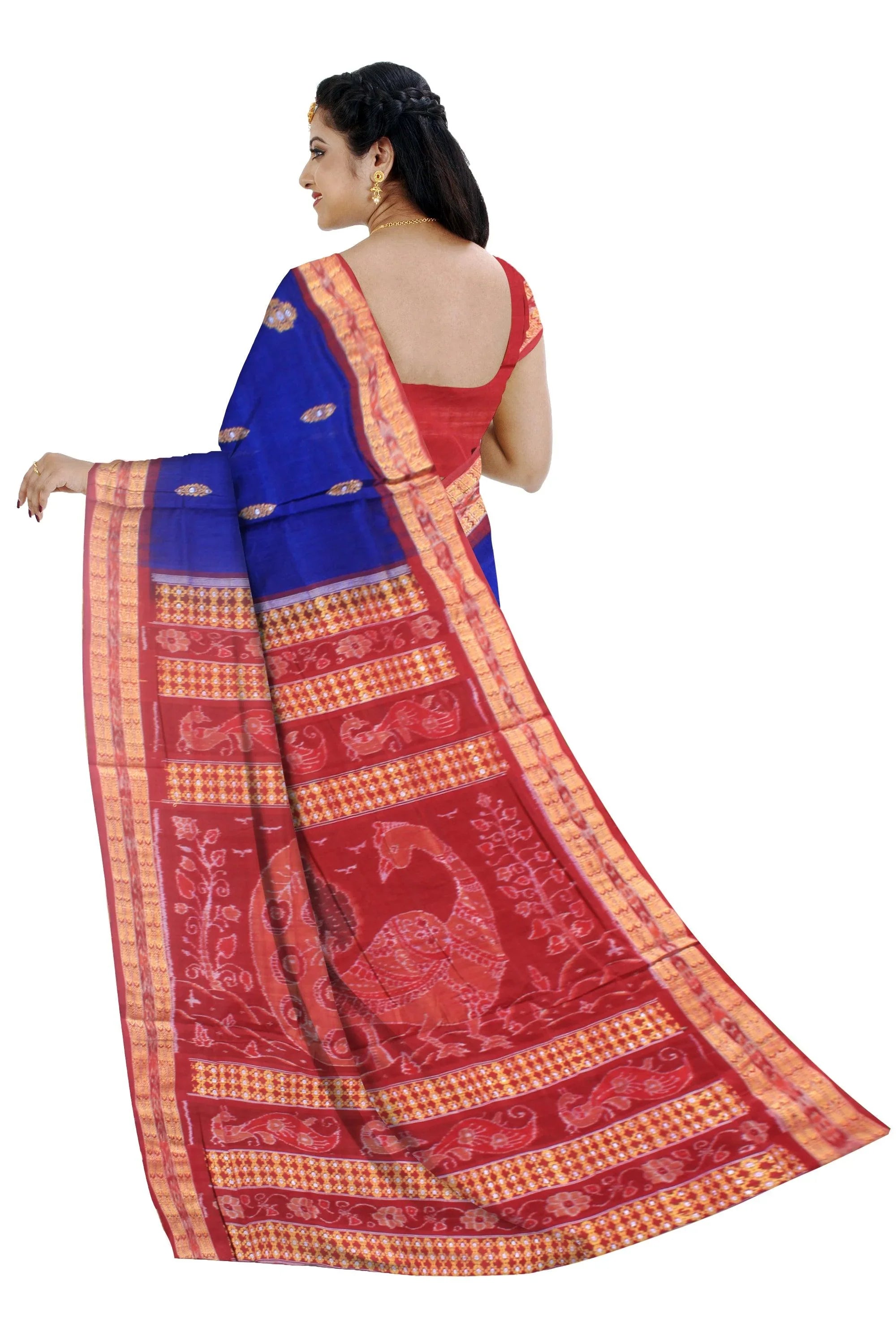 Bandha design of Samblpuri cotton saree in blue and maroon color, with blouse piece. - Koshali Arts & Crafts Enterprise